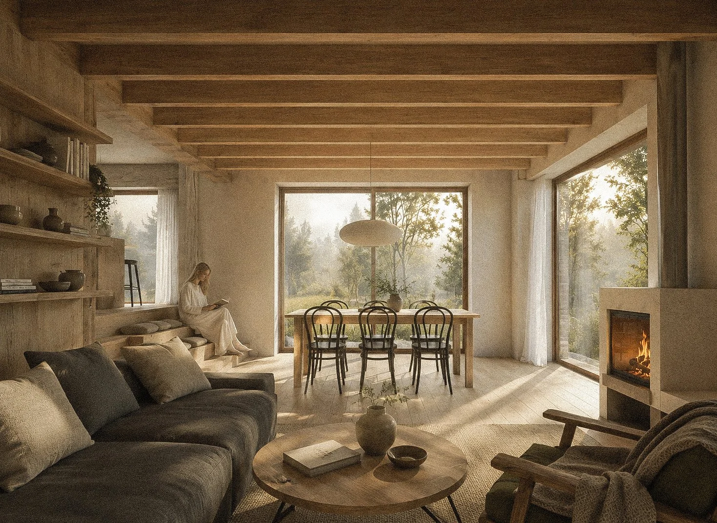 Bright living room with large windows showcasing a scenic outdoor view, a cozy fireplace, modern and rustic furniture, and a woman sitting on a built-in bench reading a book.