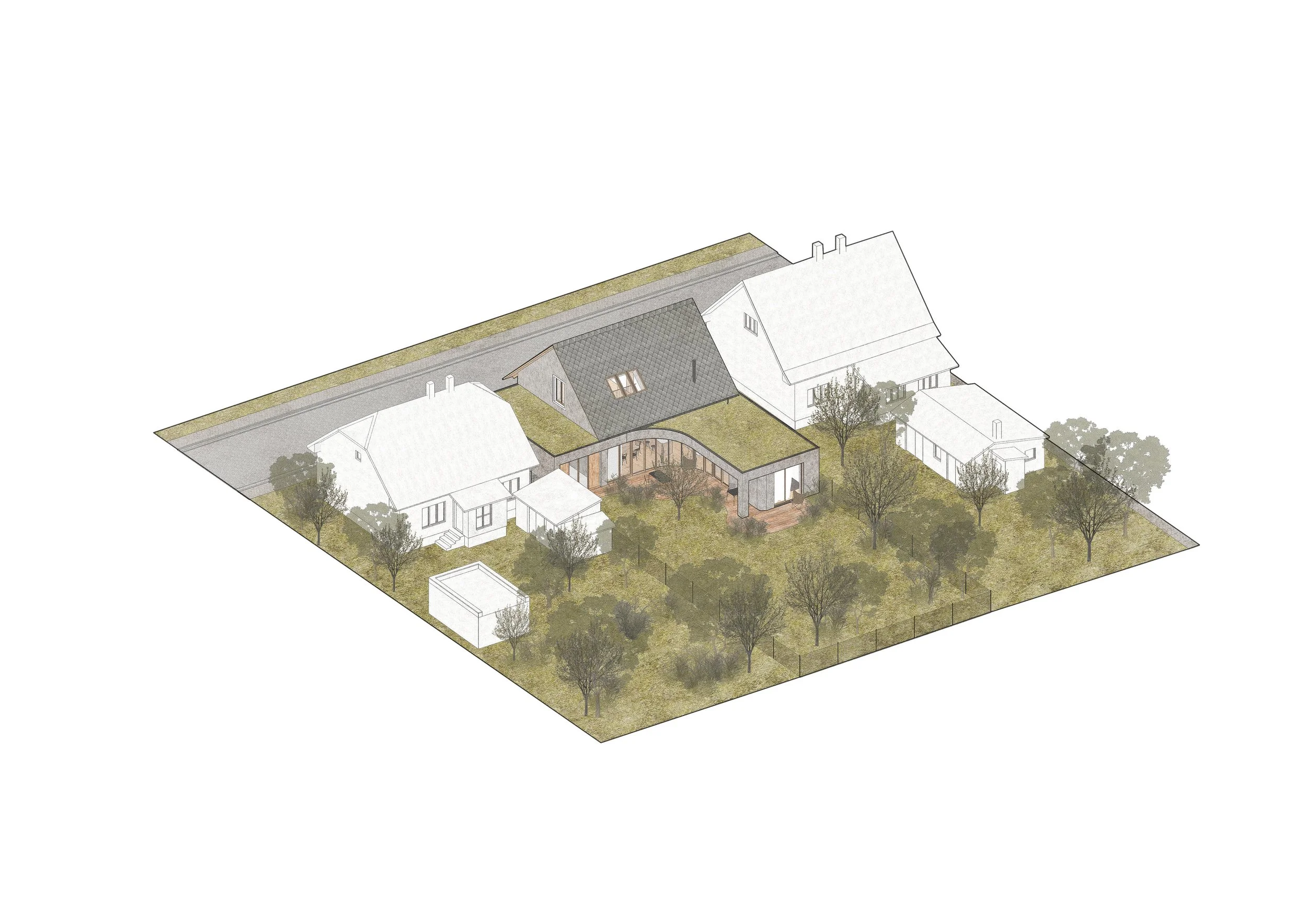 A 3D architectural rendering of a residential property showing multiple houses, green lawns, trees, and fencing.
