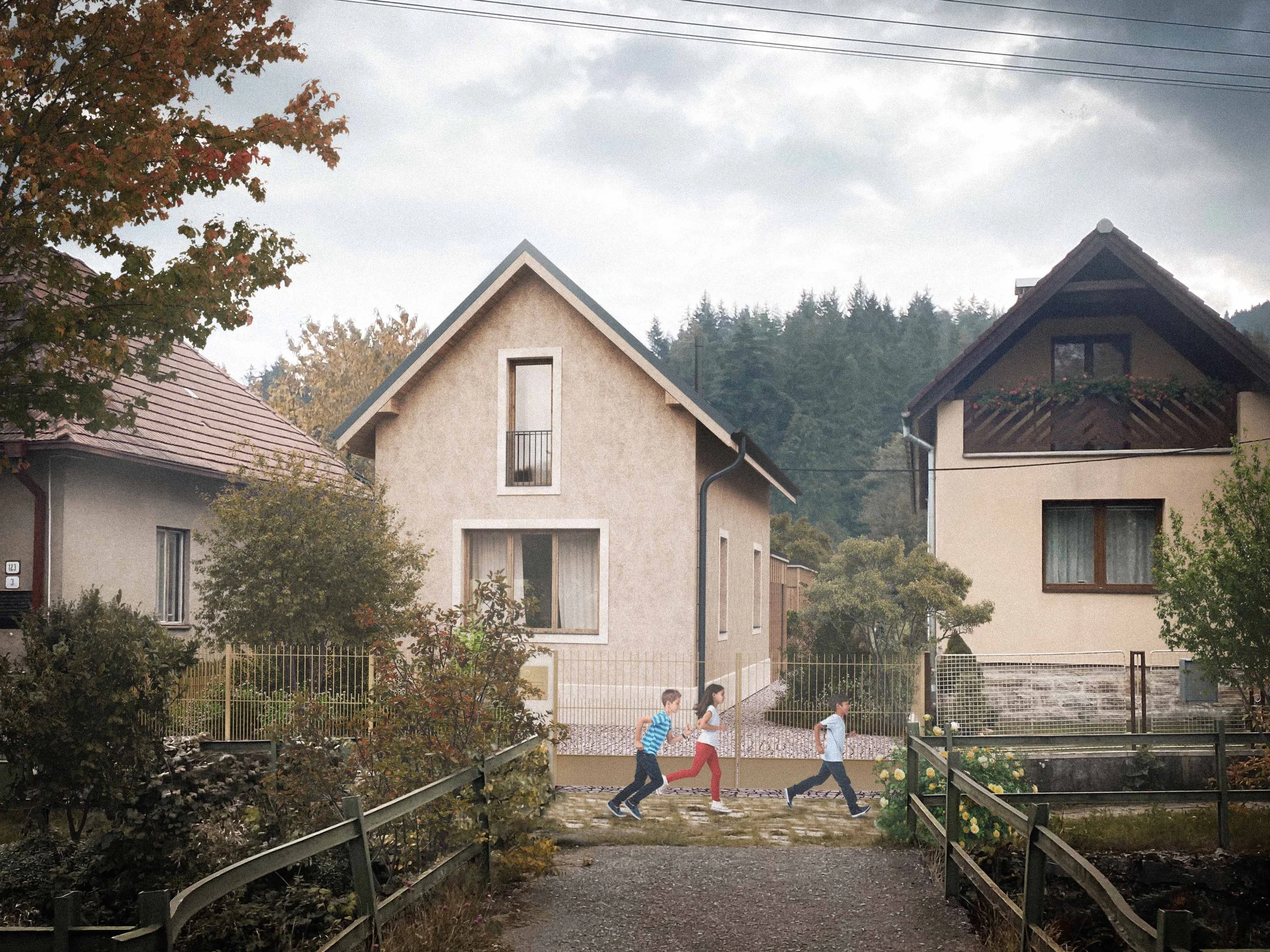 A suburban neighborhood with two houses and a group of children running on a paved pathway. The houses have steep roofs, and autumn foliage on the trees surrounds the area. Overhead power lines are visible in the cloudy sky.