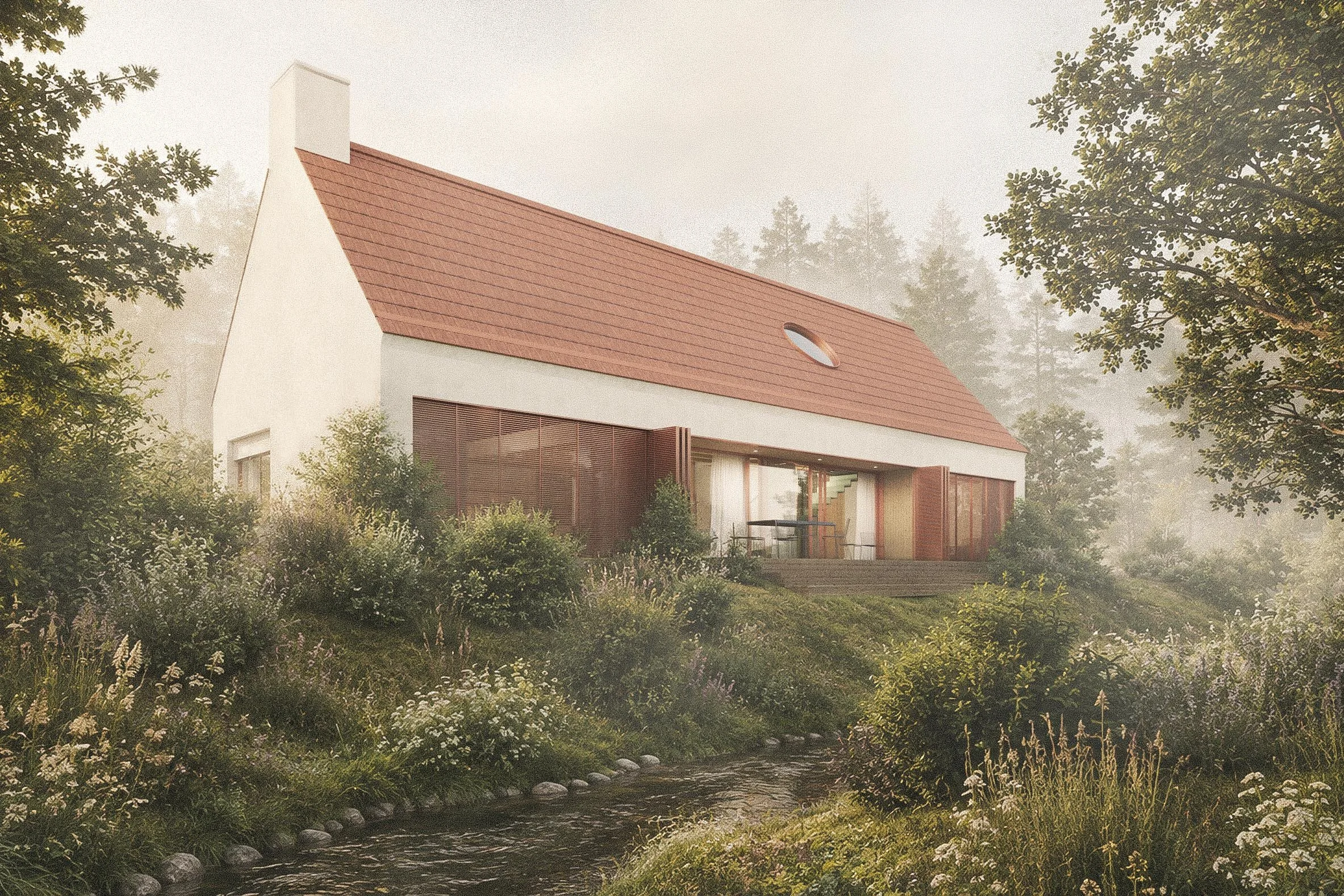 A modern house with a sloped red roof and white walls, surrounded by trees and plants, with a creek in the foreground and a foggy background.