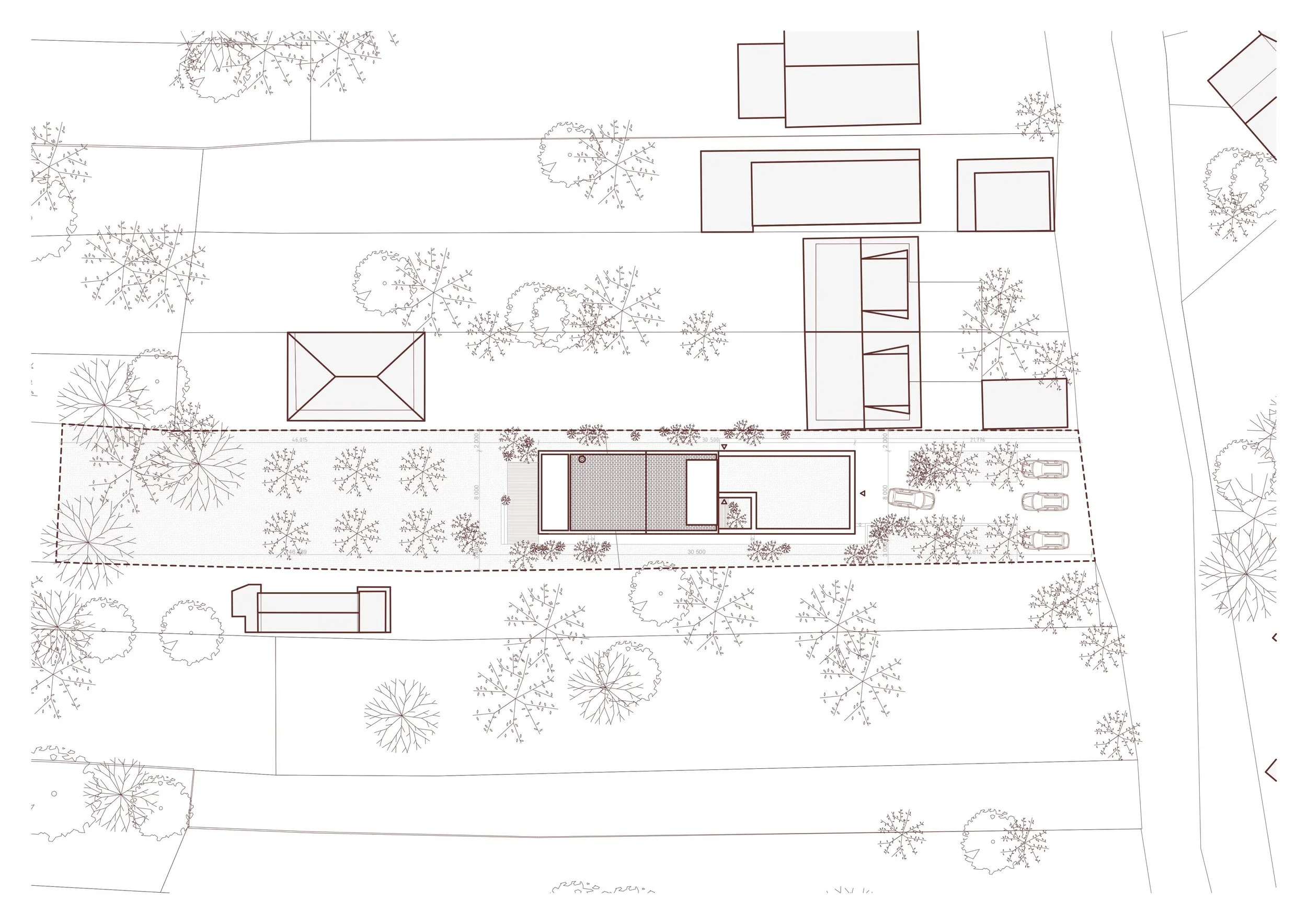 A detailed architectural site plan of a residential property showing buildings, trees, driveway, and surrounding landscape.