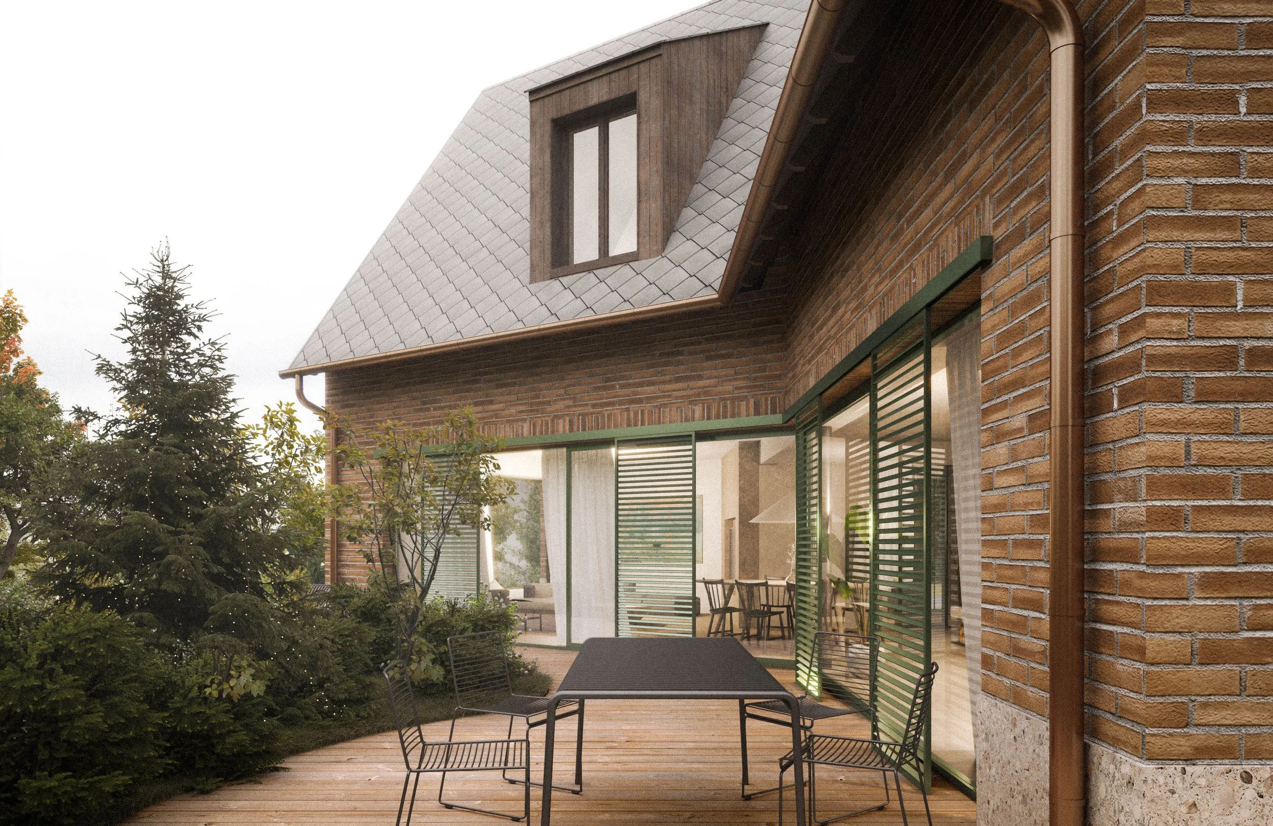 Modern brick house with large windows and a wooden patio surrounded by trees.