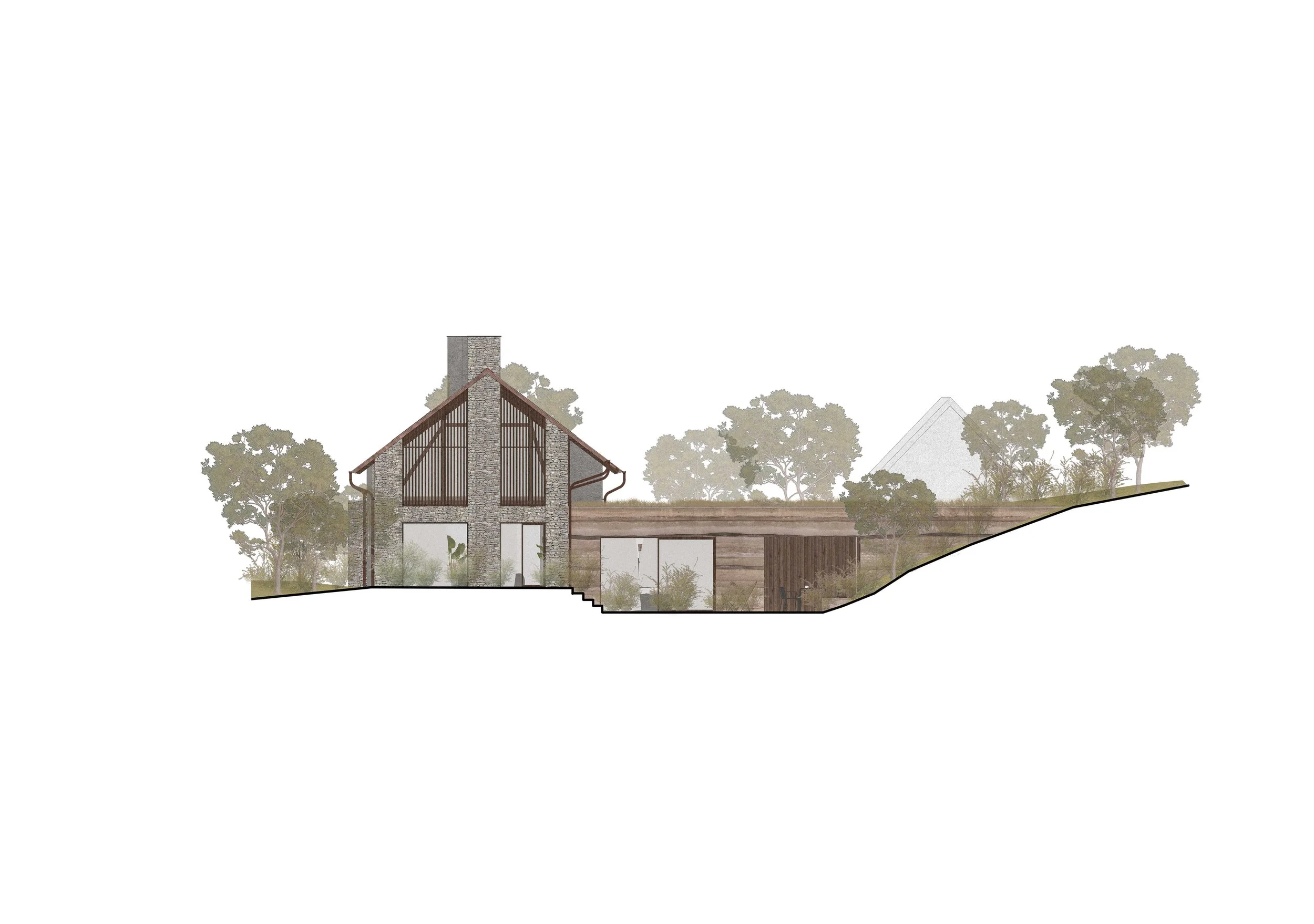 A house with a steeply pitched roof, built with stone and wood, surrounded by trees and landscape.