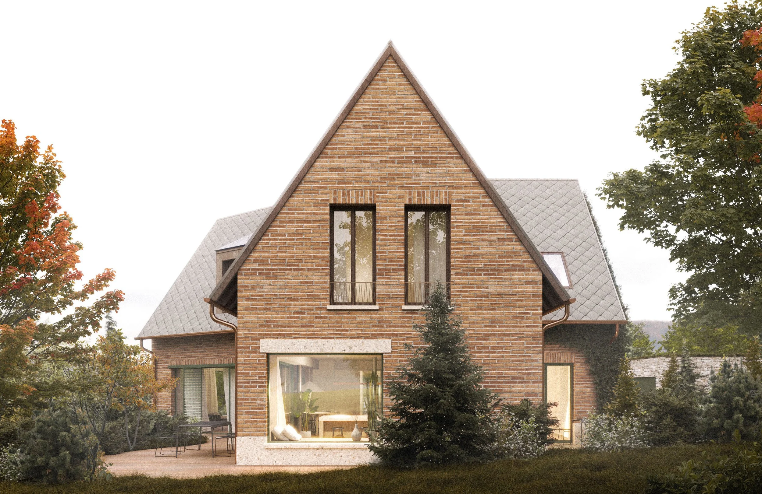 A modern brick house with large windows, surrounded by autumn trees, and a landscaped garden in the foreground.