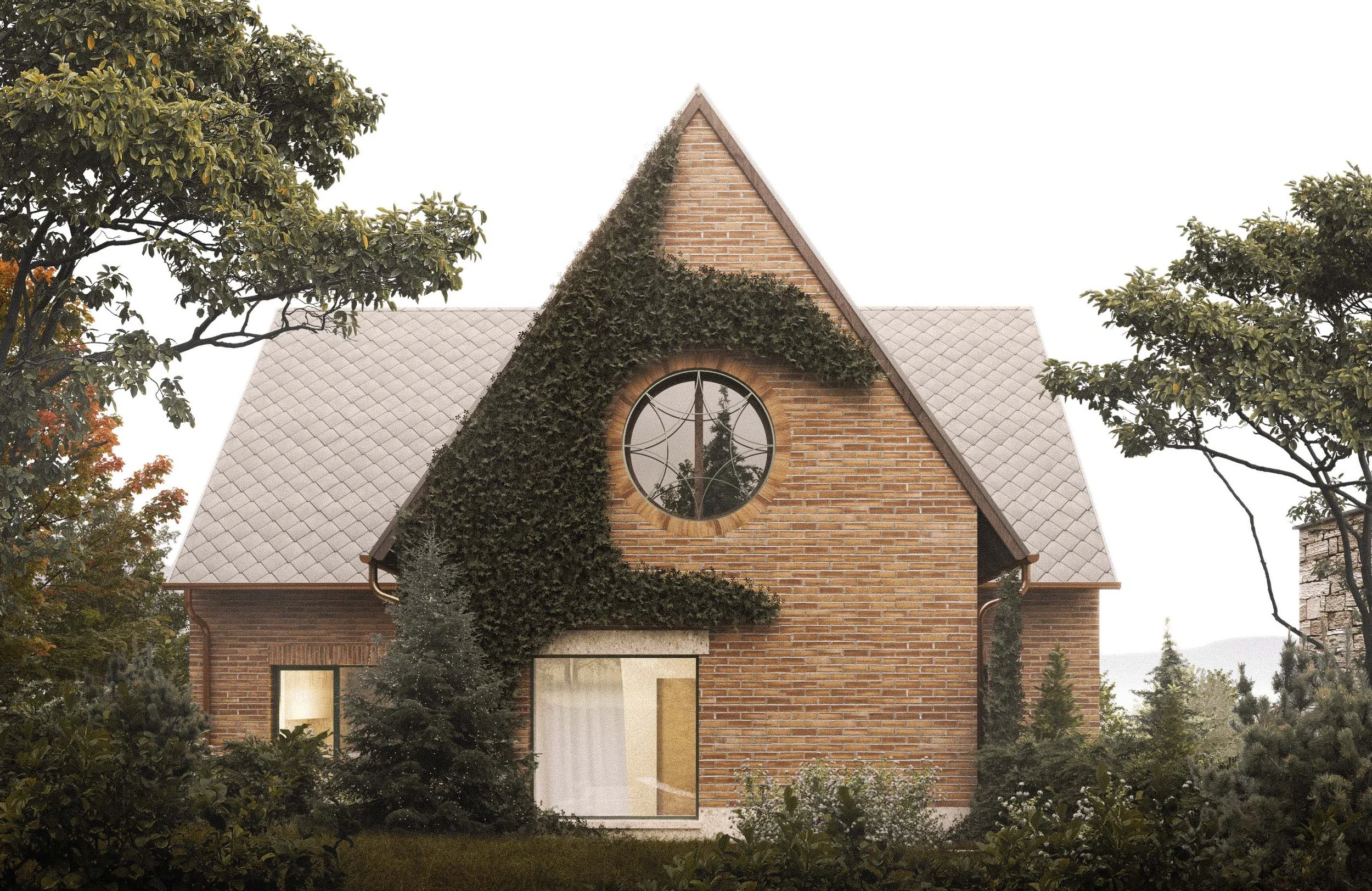 A brick house with a triangular roof partially covered by green ivy, large round window at the center, surrounded by trees and shrubs.