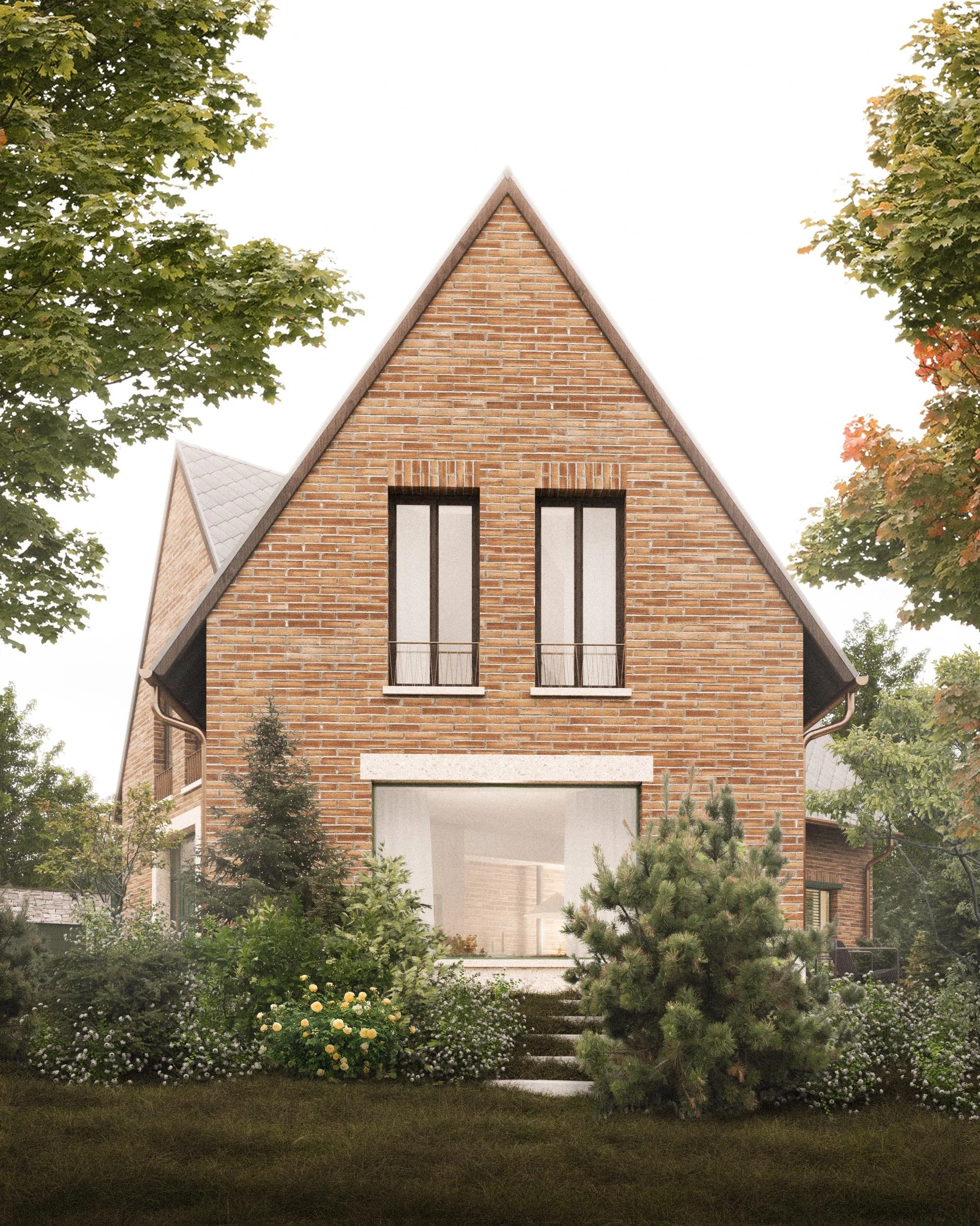 A brick house with a triangular roof, two narrow windows, and a large rear window, surrounded by greenery including trees and flowering bushes.