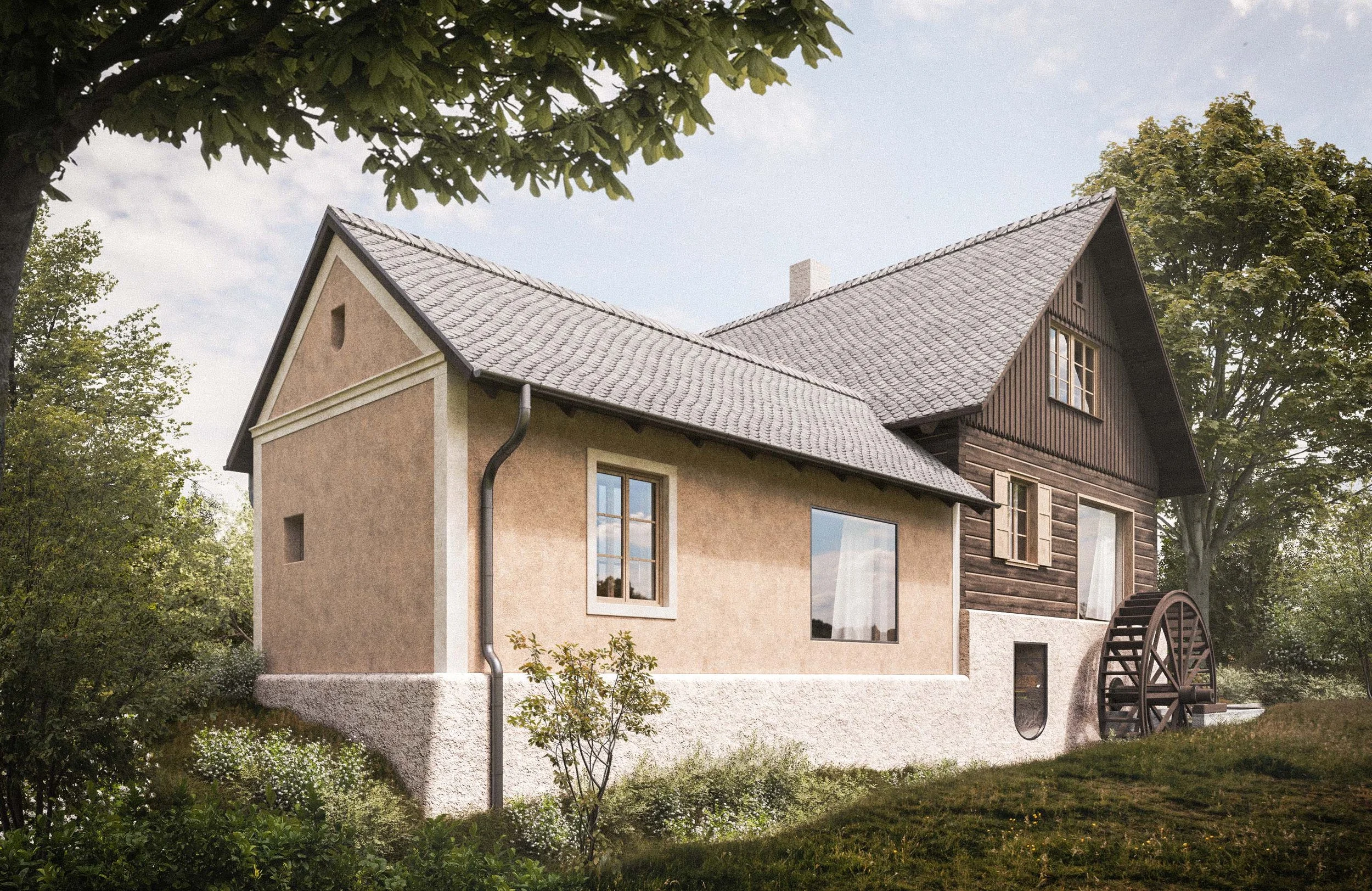 A two-story house with a sloped roof, surrounded by trees and greenery, with visible windows and an external water wheel on the side.