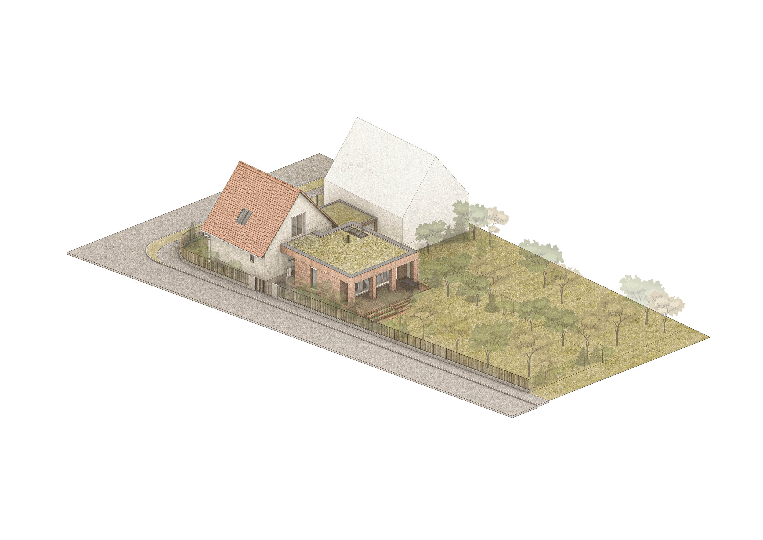 Isometric illustration of a residential building with a landscaped garden, surrounded by trees, and an adjacent street.