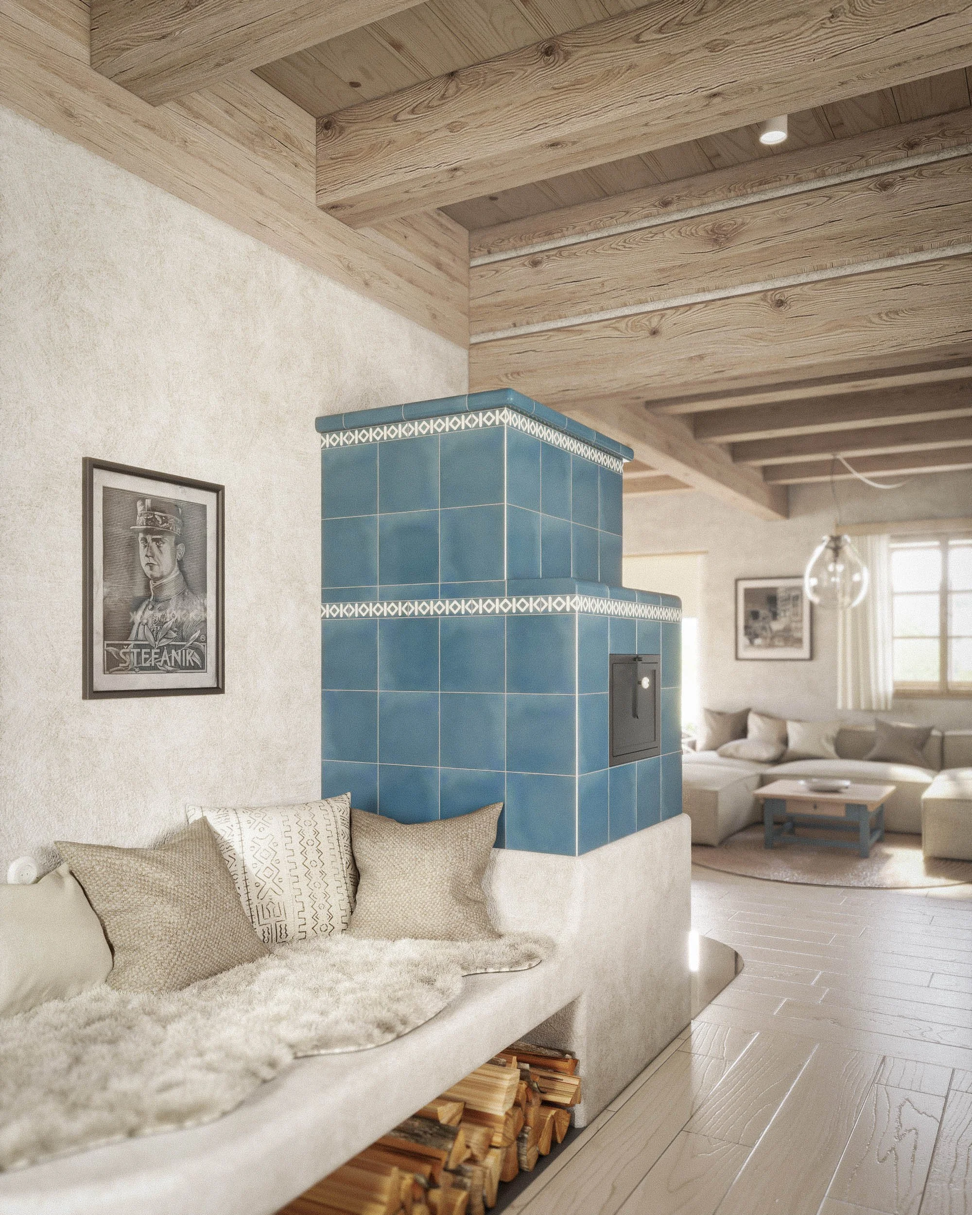 Living room with wooden ceiling and walls, blue tiled stove, framed black and white portrait on the wall, beige sofa with decorative pillows, light-colored hardwood floor, and a cozy, Scandinavian-inspired decor.