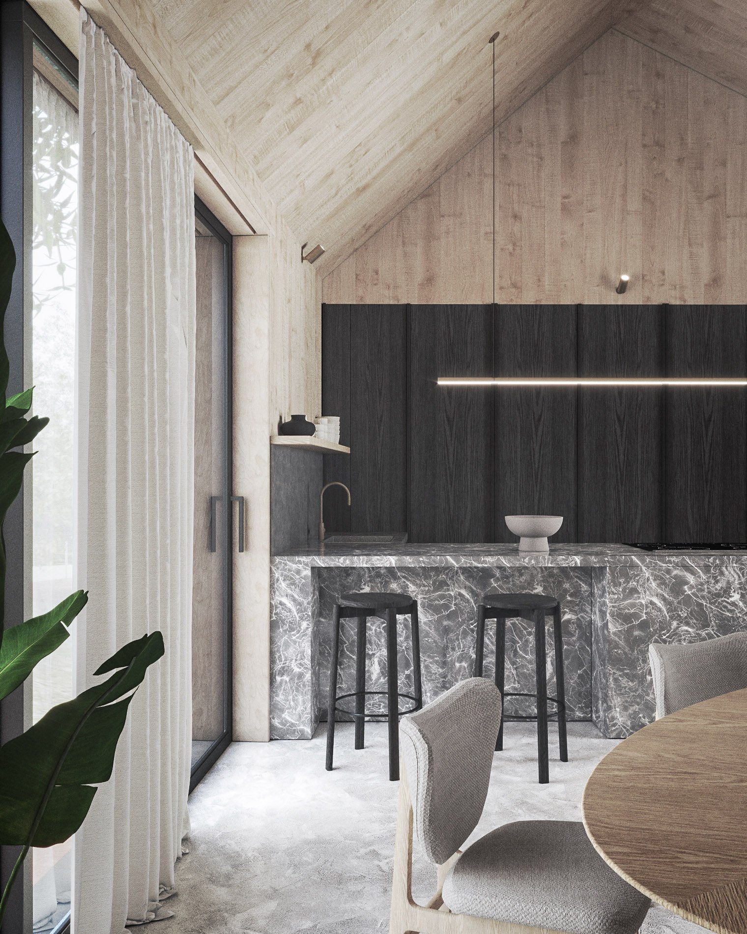 Modern kitchen with light wood-paneled ceiling and a black and marble backsplash, featuring a small white vessel sink and bar stools, along with a dining table and chairs.