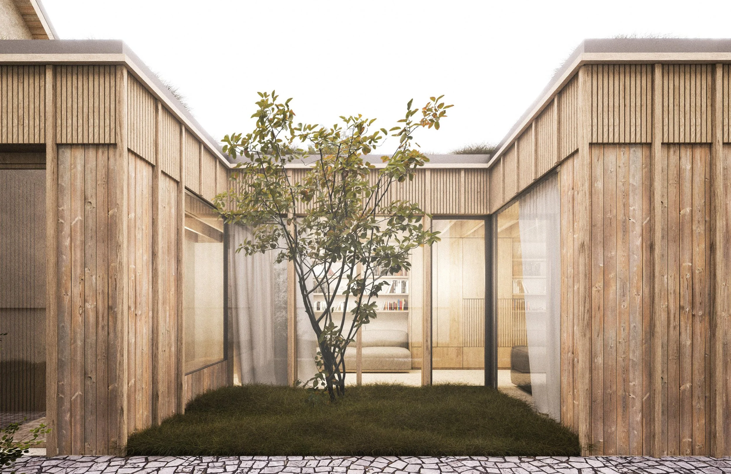 Modern house with wooden vertical siding, glass walls, and a small tree in a grassy area in front.