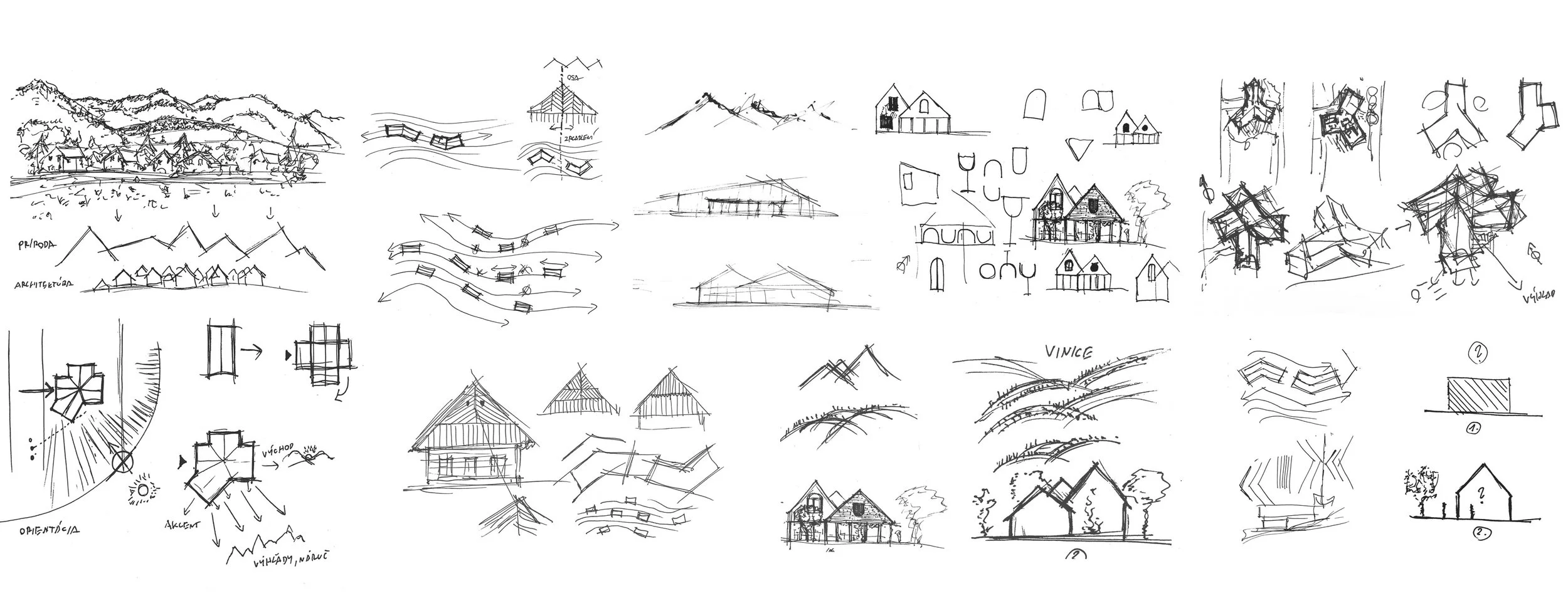 Collection of hand-drawn sketches and diagrams of architectural house designs, landscape layouts, and structural concepts.