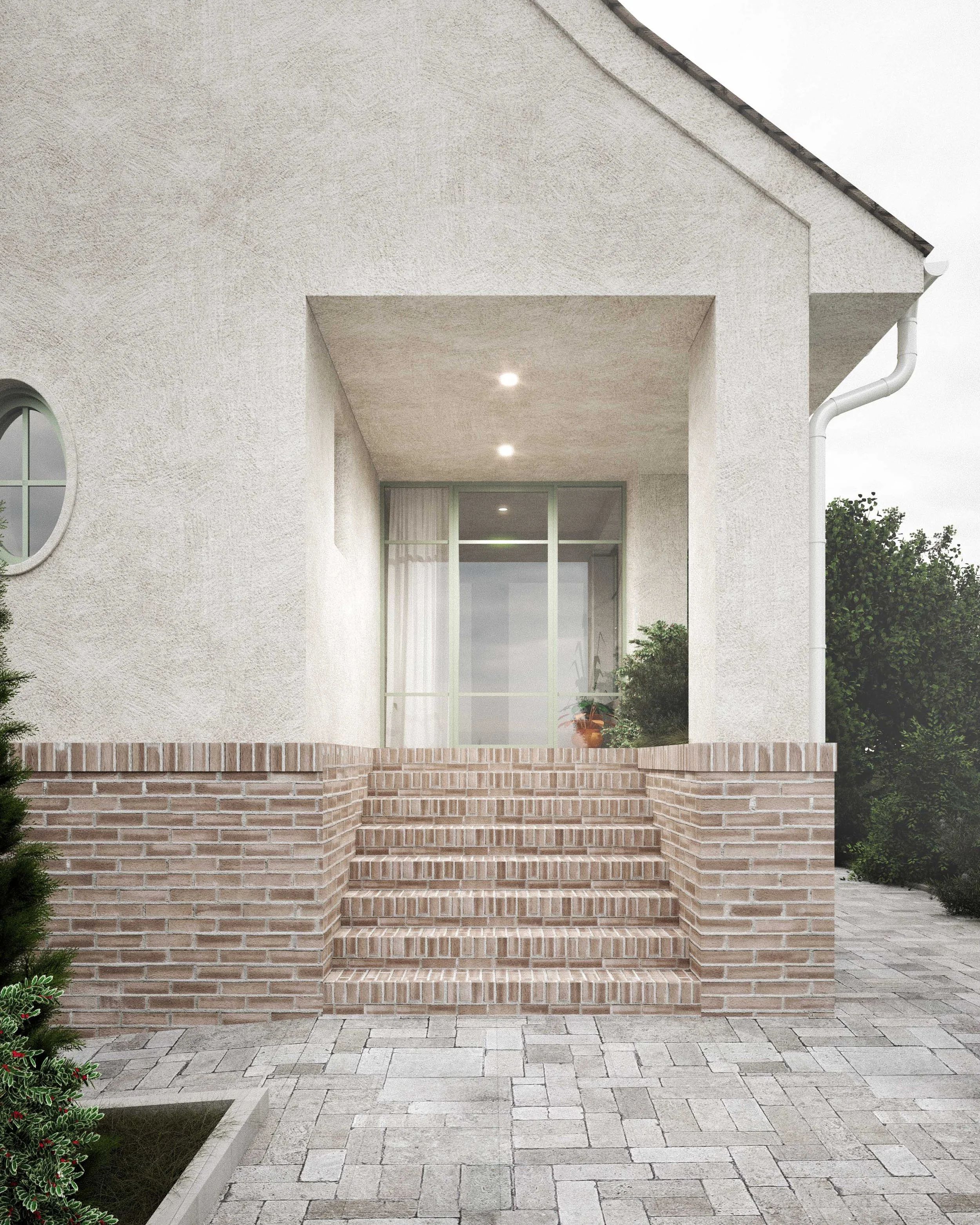 Exterior view of a house with a brick staircase, large window, and textured stucco walls. There are trees and shrubs nearby, and the sky is overcast.