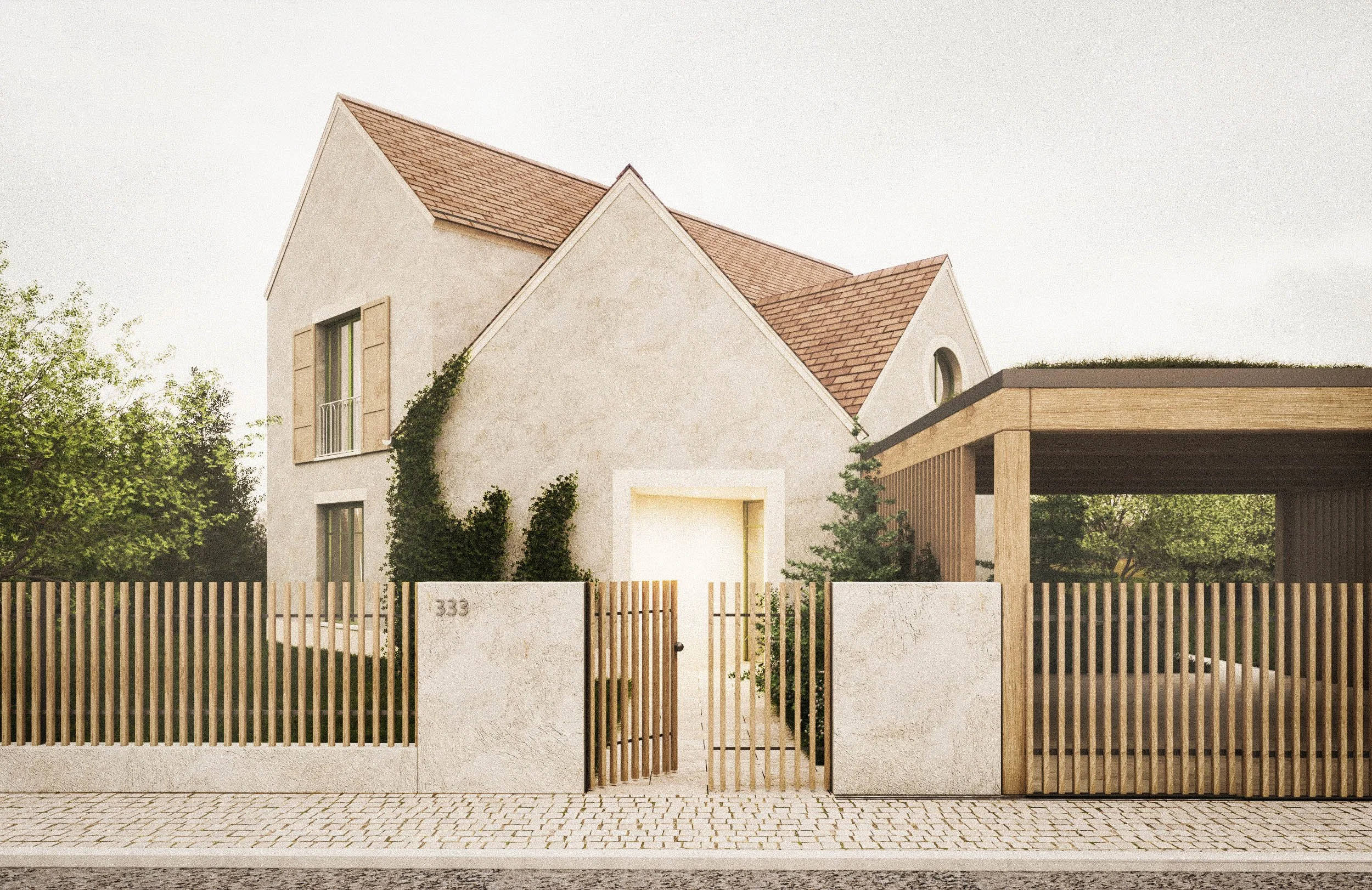 Modern two-story house with a gabled roof, beige walls, and wooden accents. The house has large windows, a wooden fence, and a gate with the number 333.