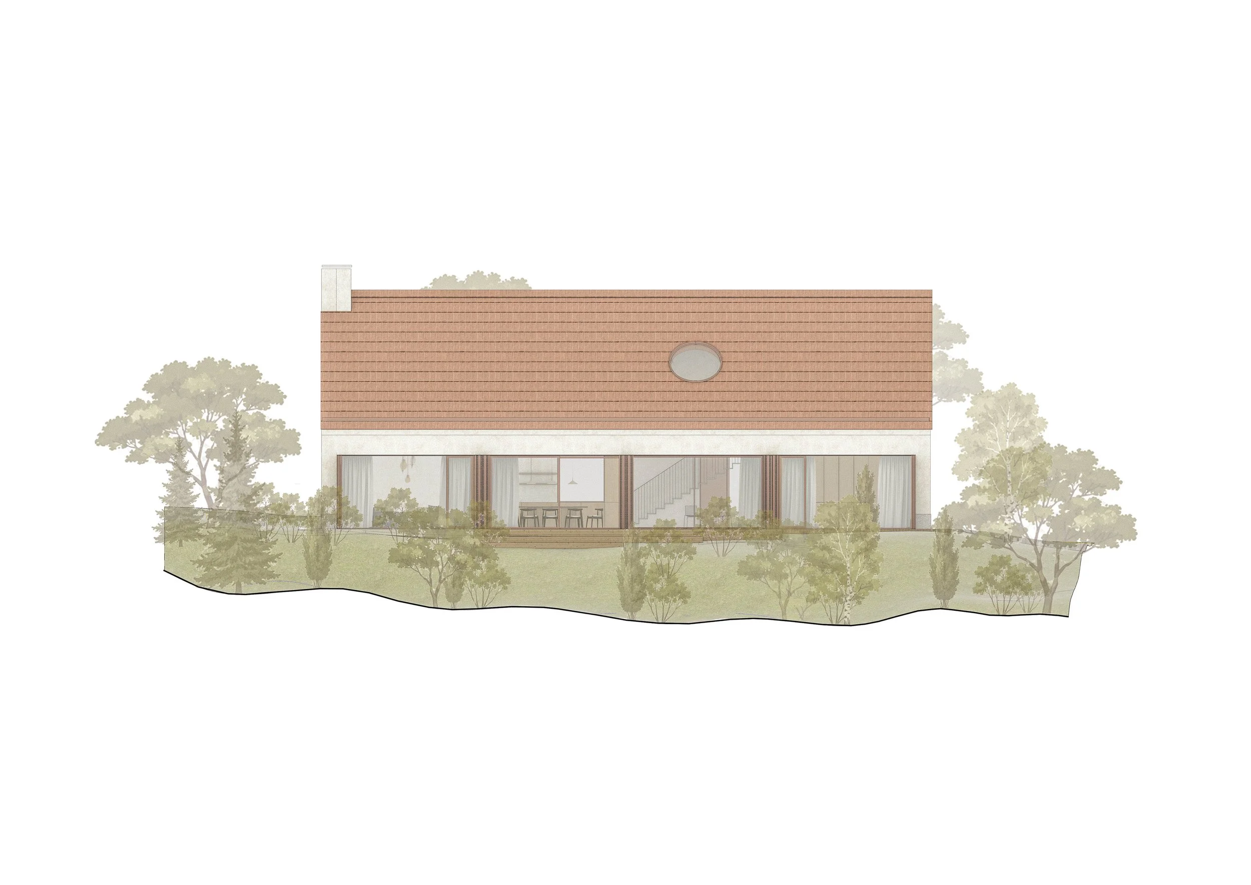 A modern house with large glass windows and a sloped roof surrounded by trees.