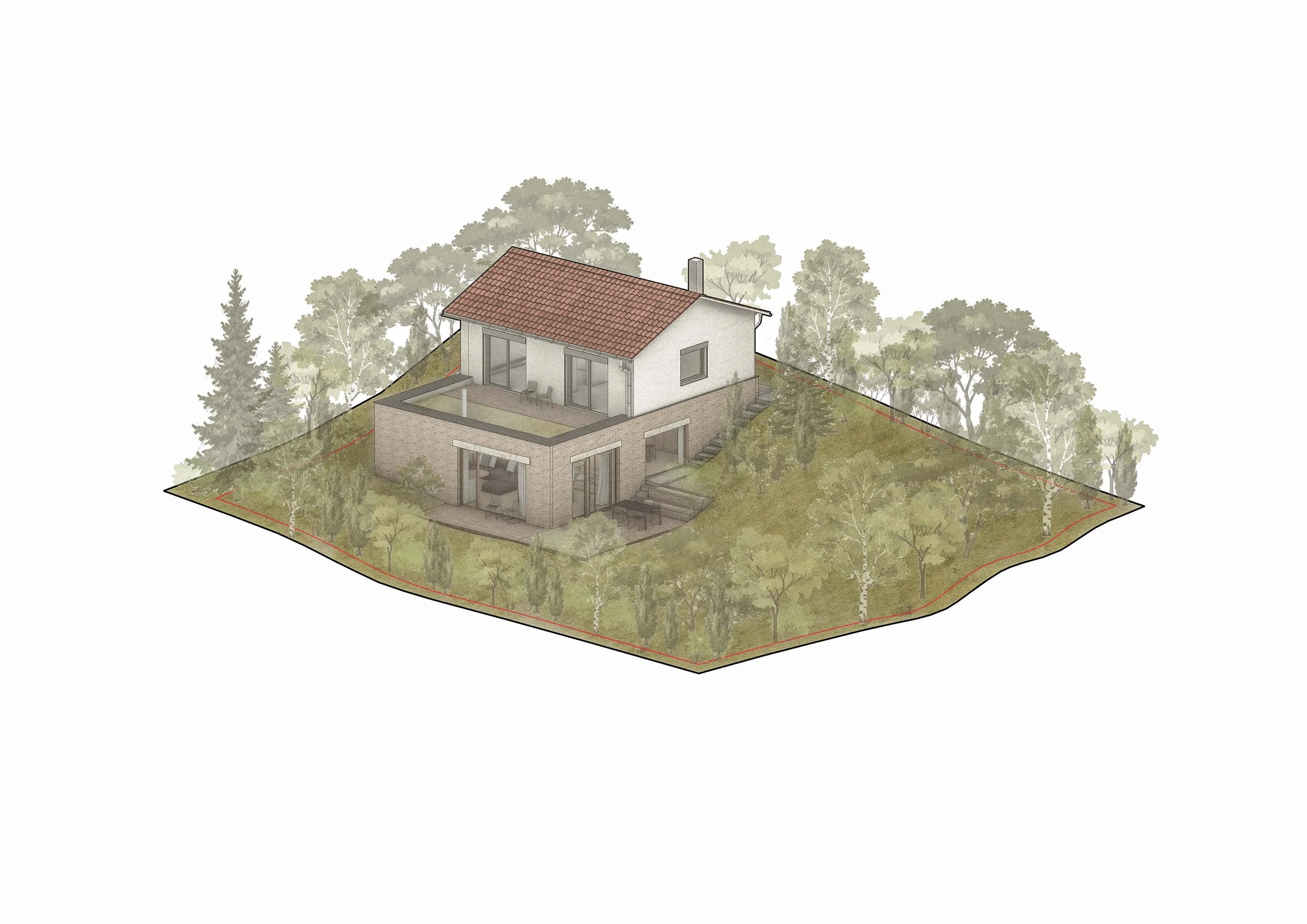 Illustration of a two-story house with a red-tiled roof surrounded by trees and greenery, with a patio and an outdoor table.