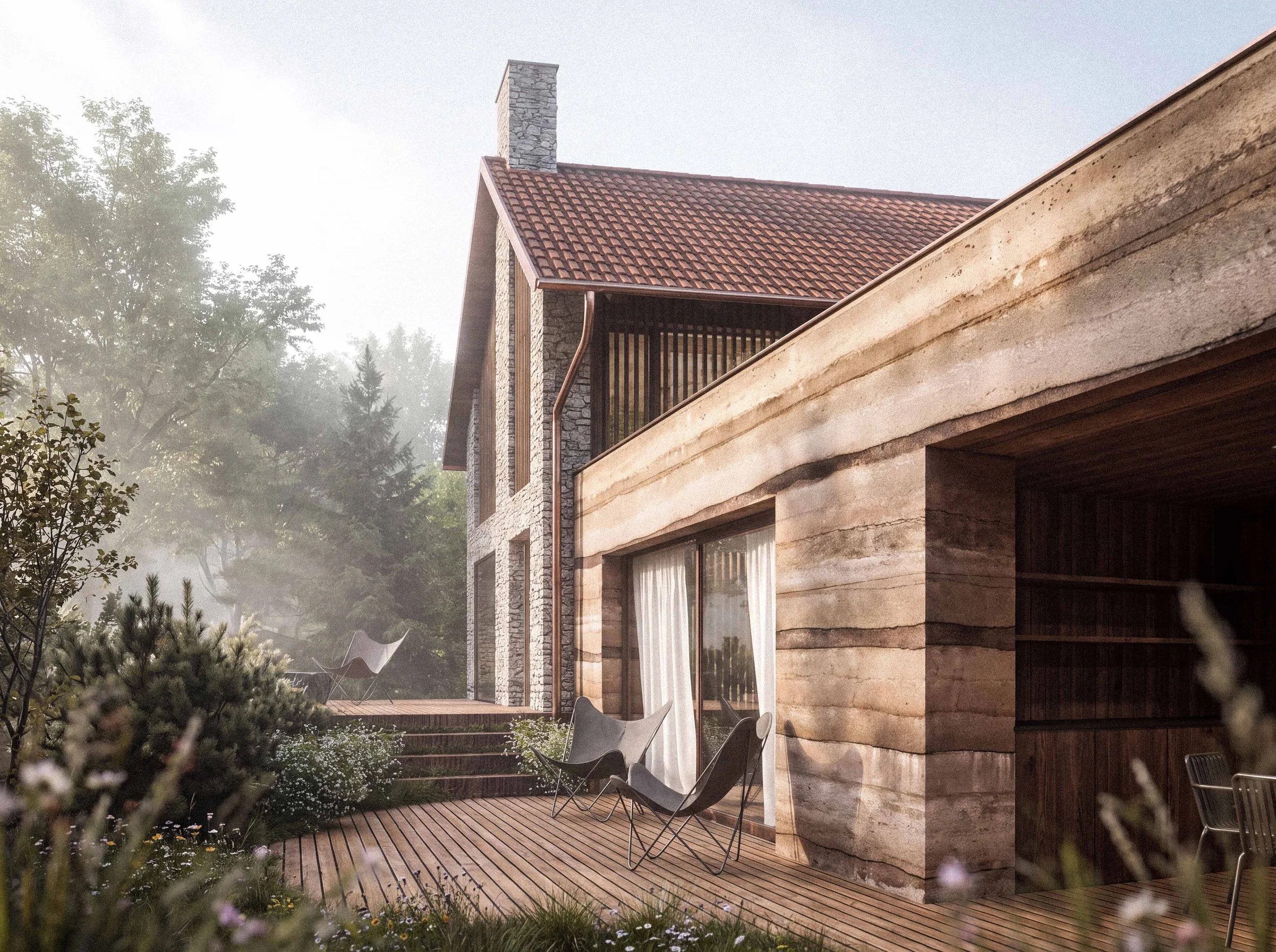 A modern house with a stone chimney, wooden deck, and outdoor seating area surrounded by trees and plants, with a foggy atmosphere.