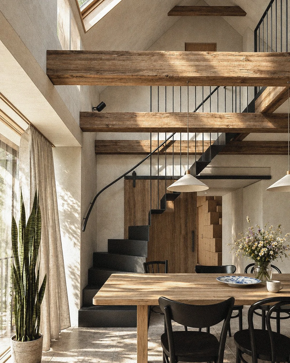Interior of a modern home showing a staircase with a wooden railing and black steps, a dining table with black chairs, a vase with flowers, and large windows with curtains.