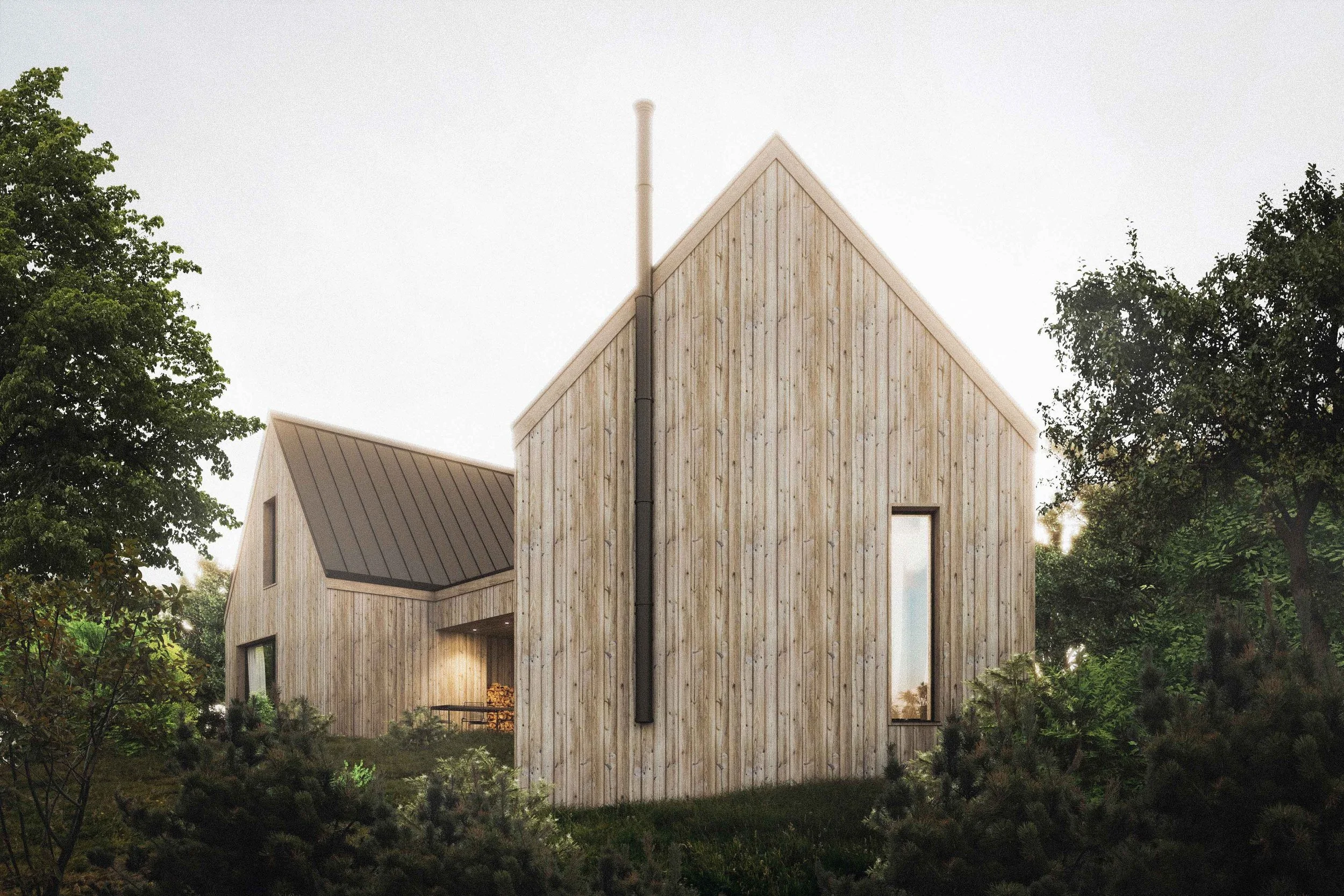 A modern house with wooden siding, surrounded by trees and greenery, featuring a steep gabled roof and tall, narrow windows.