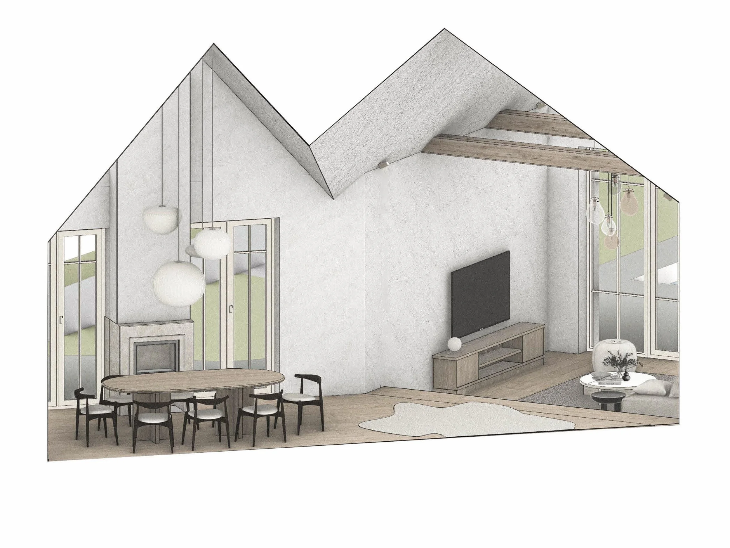 Interior of a modern living room with high sloped ceilings, pendant lights, a dining table with chairs, large windows, and a TV on the wall.