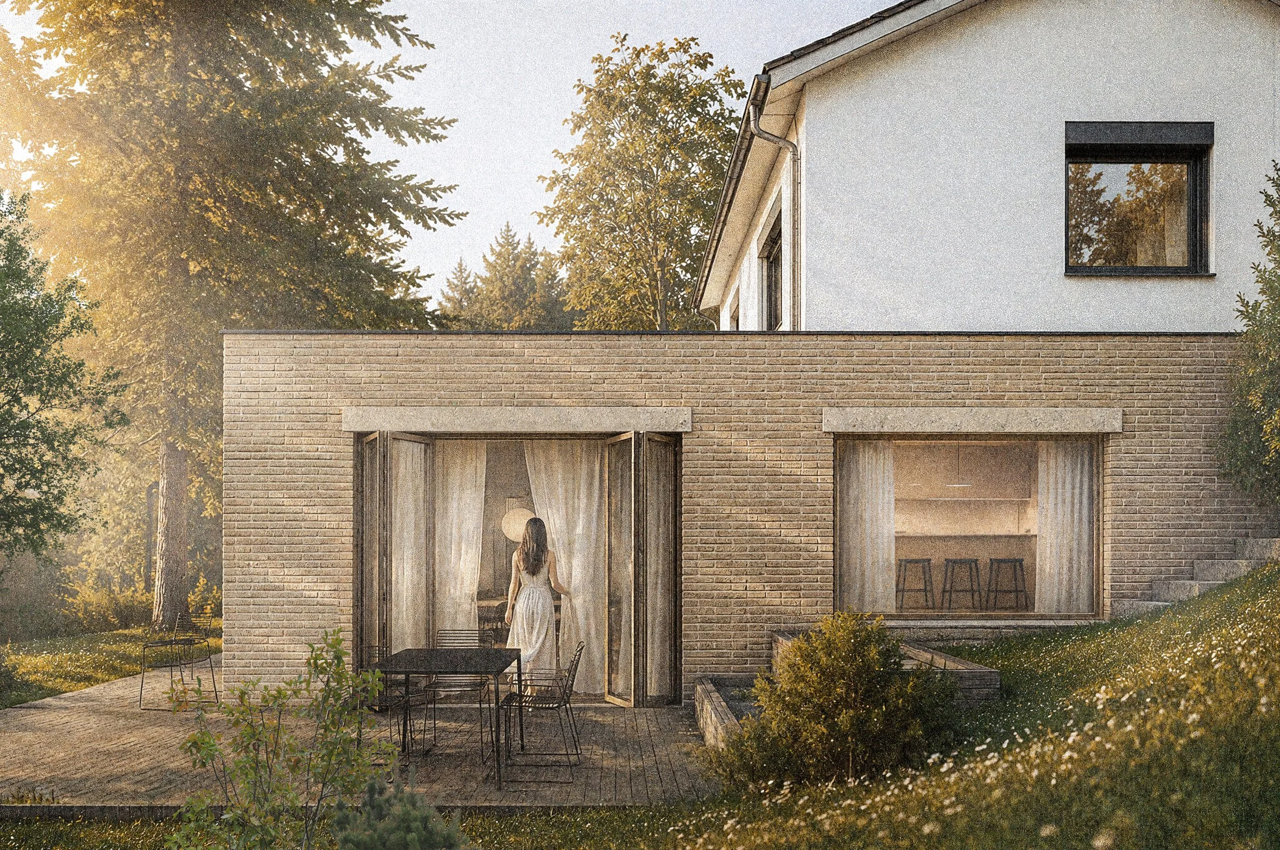 A person with long hair wearing a dress walking into a modern house with brick walls and large windows, surrounded by trees and outdoor furniture, during sunset.
