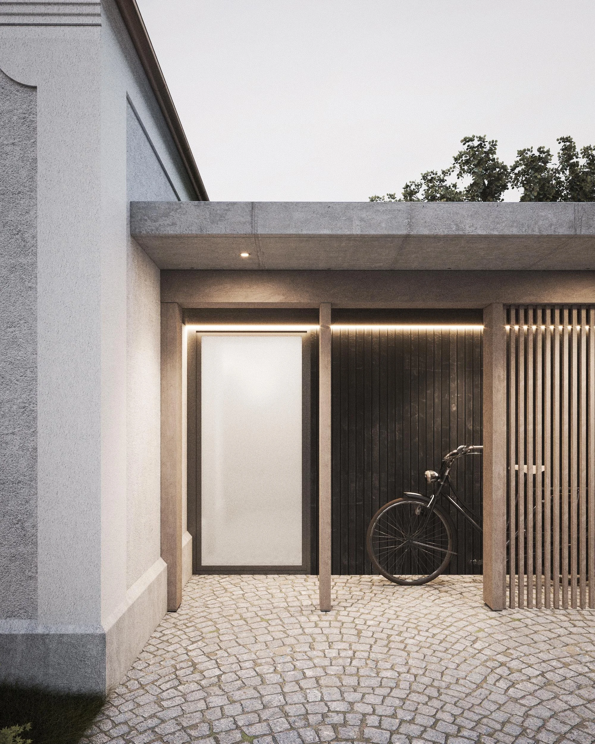 A modern house entrance with a black bicycle parked against a white fence, a dark wooden fence, and a gray concrete building with a tiled pathway in front.