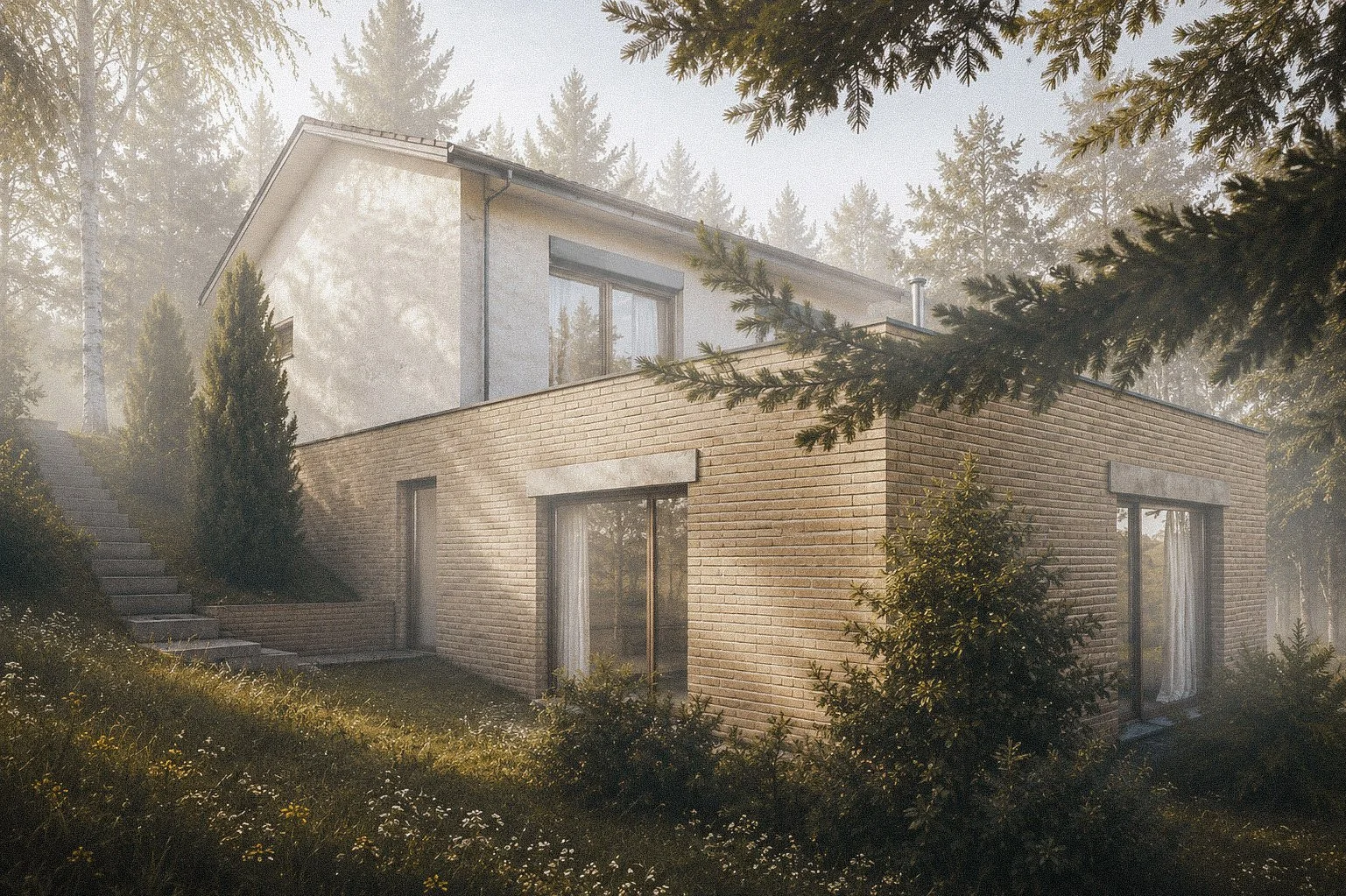 A modern, two-story house surrounded by trees and greenery with sunlight filtering through the trees.