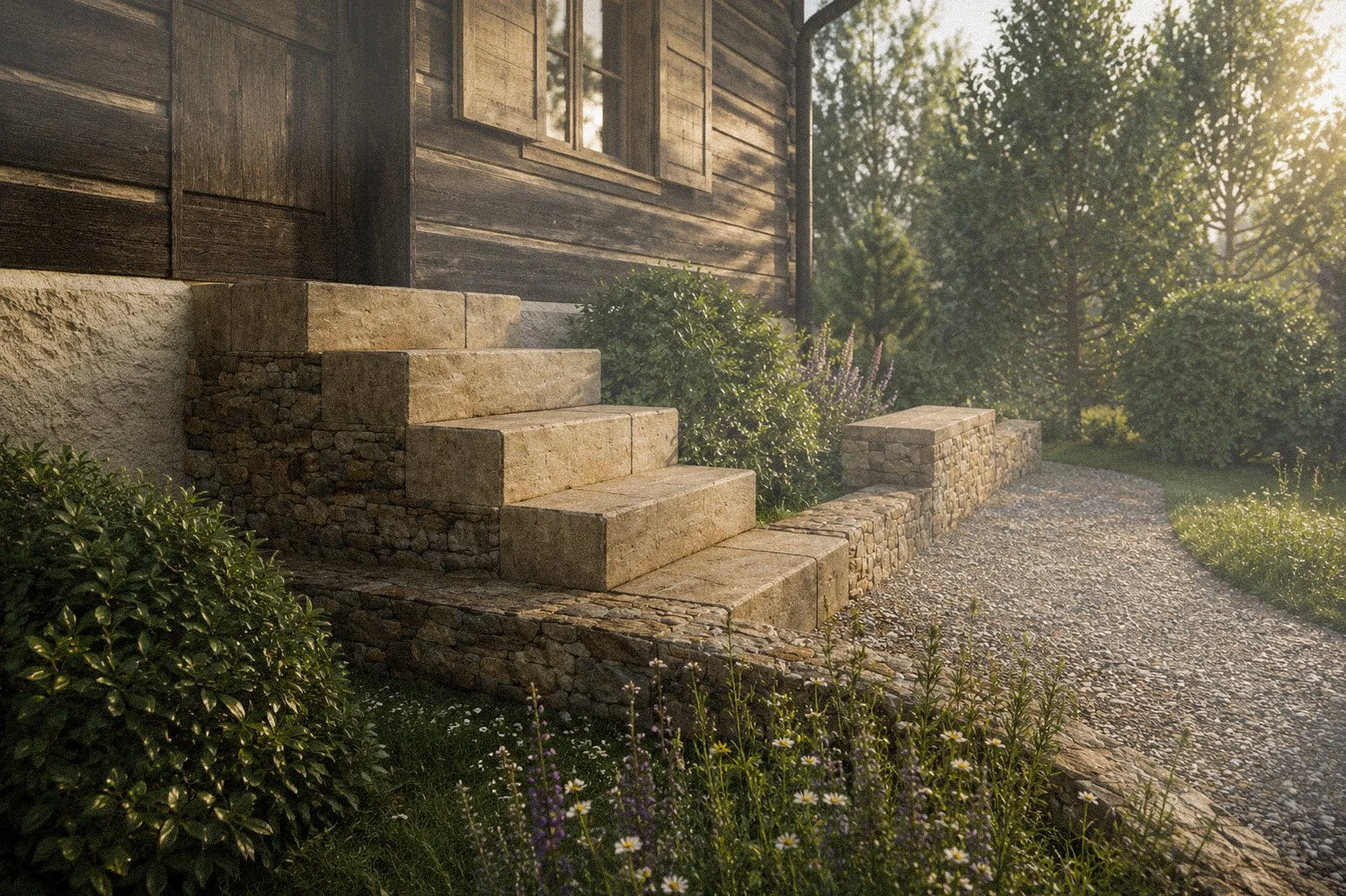 Stone steps leading up to a wooden house with flowers and bushes in a lush garden during sunset.