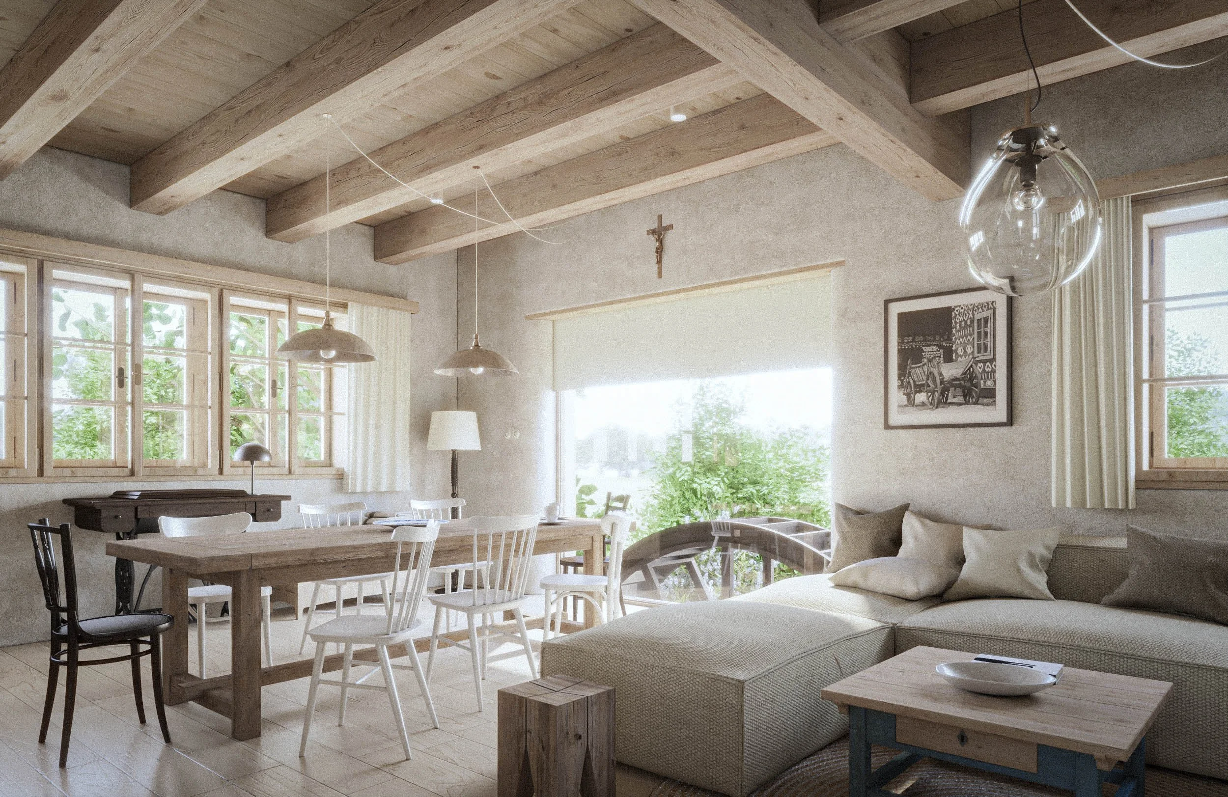 A cozy living and dining area with wooden beams on the ceiling, large windows with natural light, and various furniture including a sofa, dining table with chairs, lamps, and wall decorations.