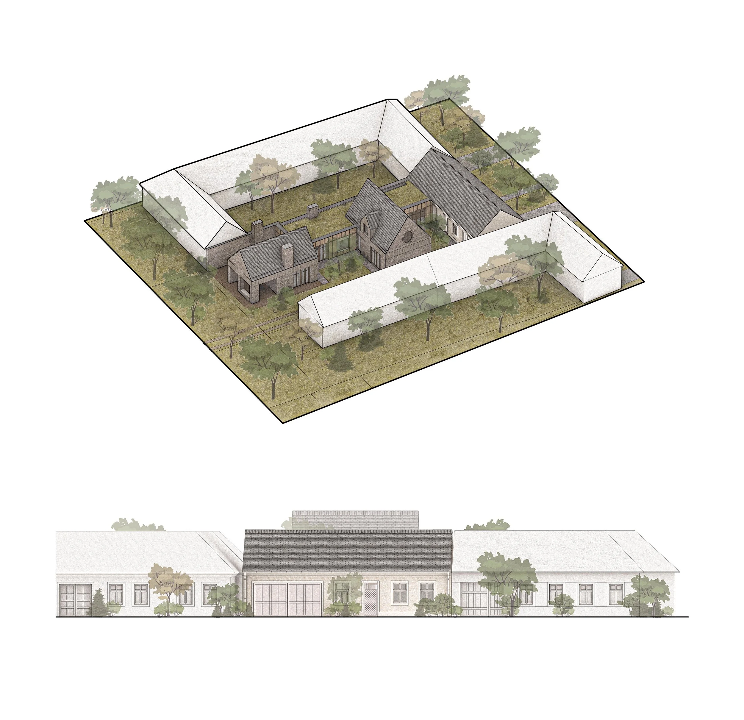 An architectural illustration of a house with a landscaped courtyard, surrounded by trees, and viewed from an angle showing one side and the roof.