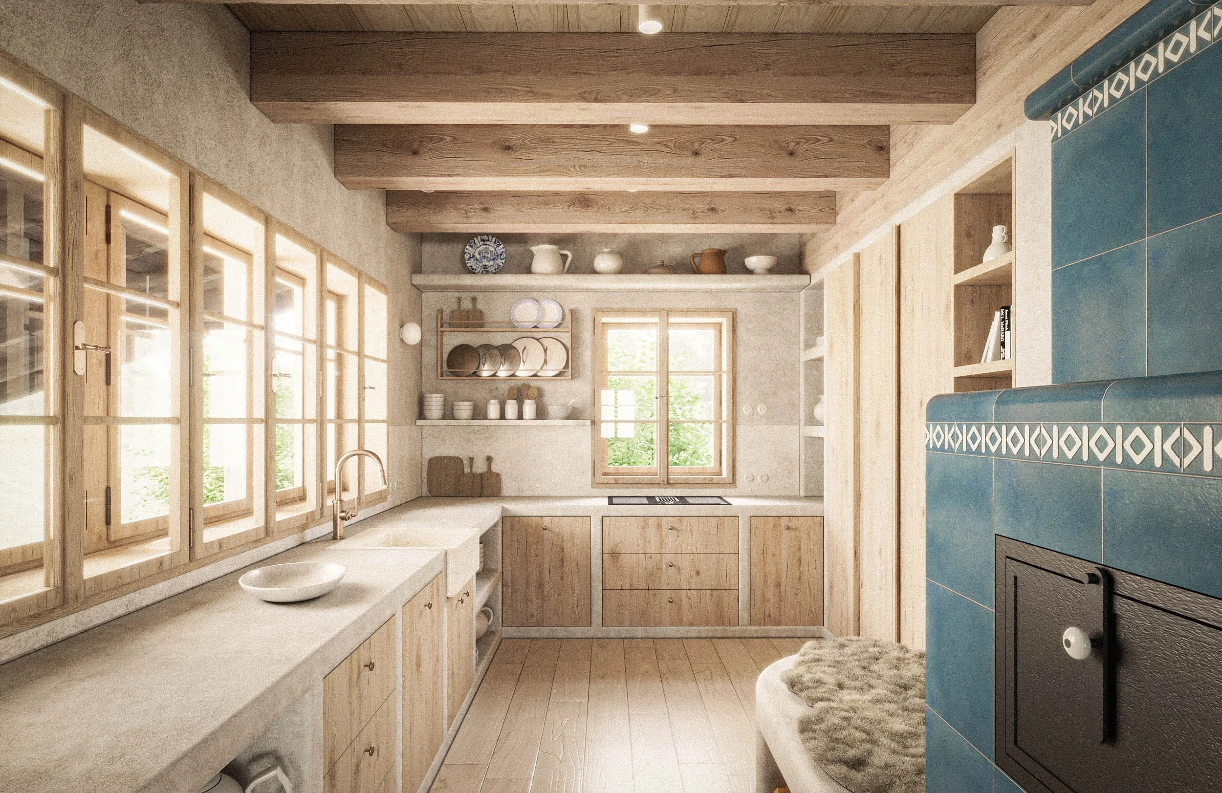 A cozy kitchen with wooden cabinetry and open shelving, beige countertops, a window with wooden frames, blue tiled wall, and natural light filtering through.