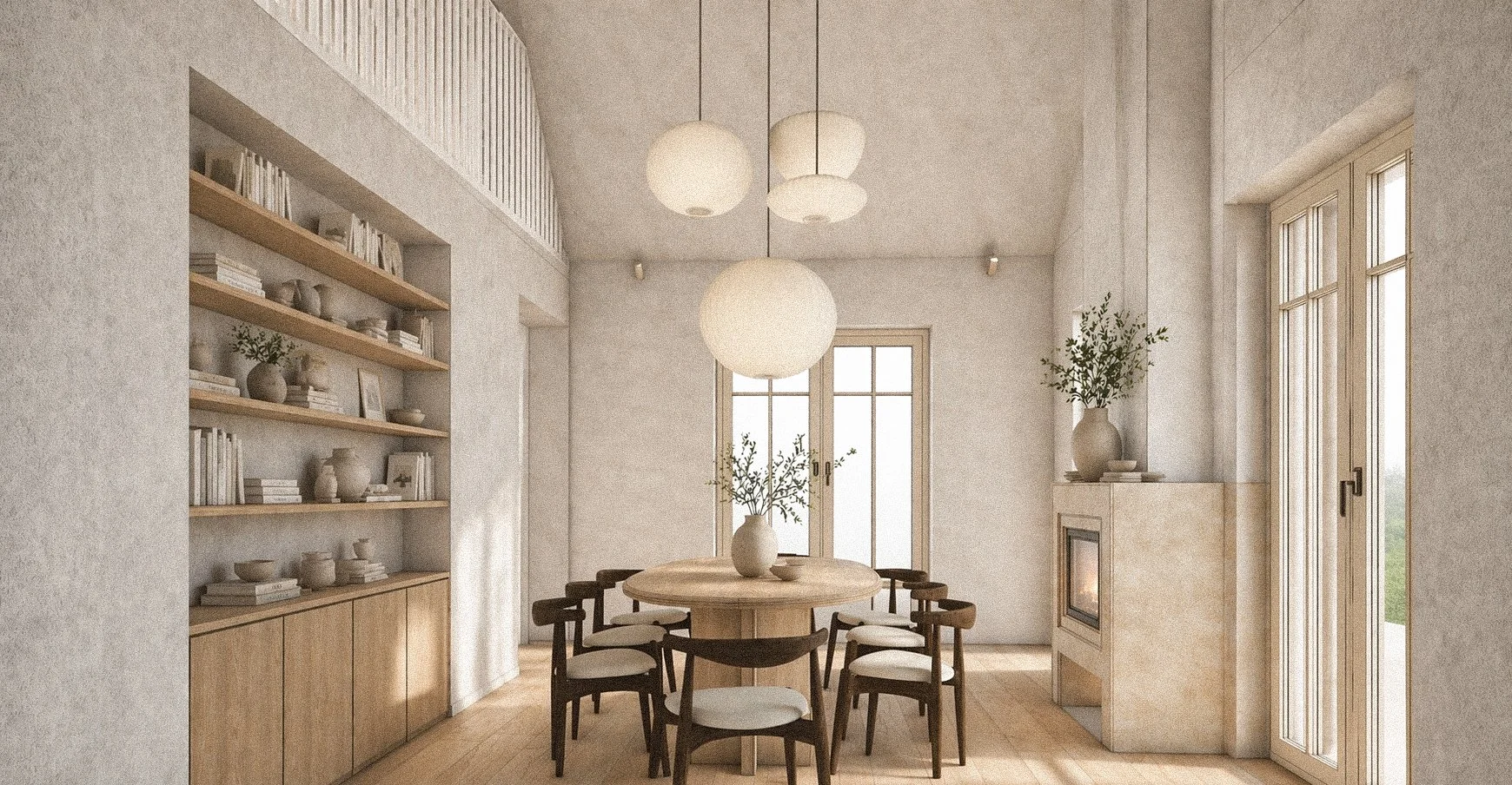 A minimalist dining room with a round wooden table surrounded by eight black and white chairs, two white vases with green plants on the table and on a fireplace mantle, wooden bookshelves with neutral-colored dishes and books, large windows letting in natural light, white walls, and a ceiling with five pendant lights of varying sizes.
