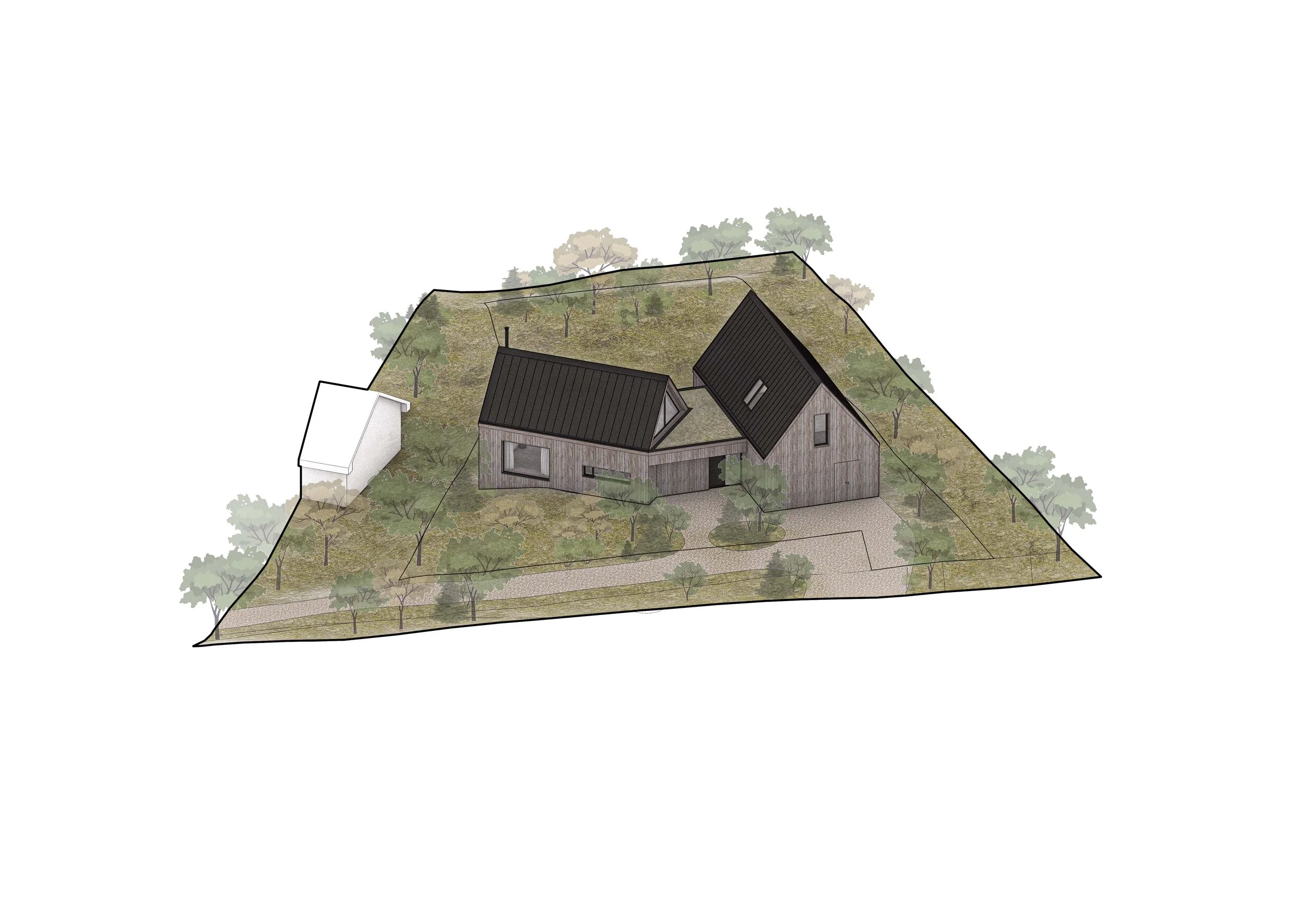 A 3D architectural rendering of a modern house with wooden exterior walls and a black metal roof, surrounded by trees and a yard.