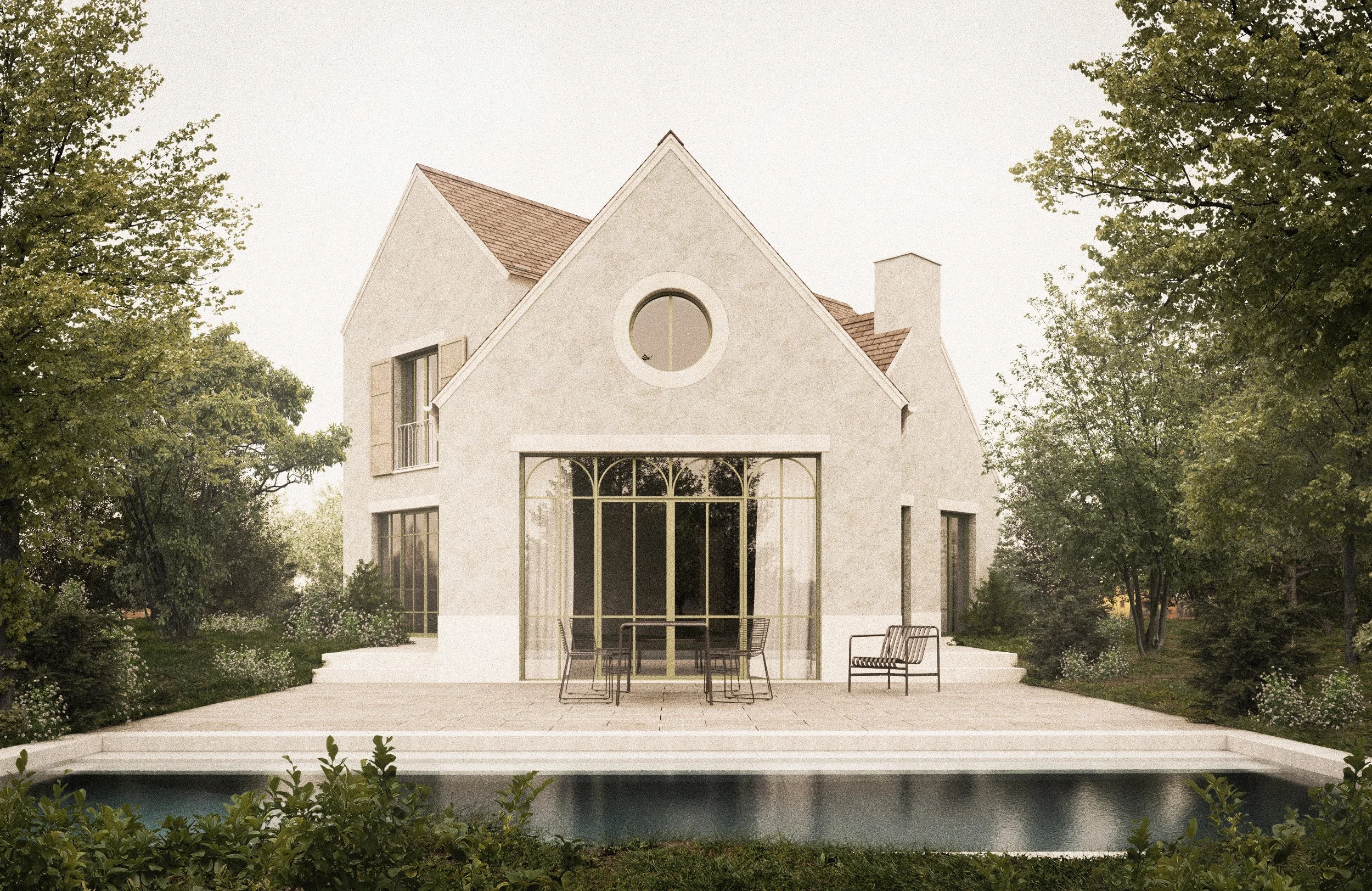 A modern house with large windows, surrounded by trees and greenery, with a patio and chairs in front.