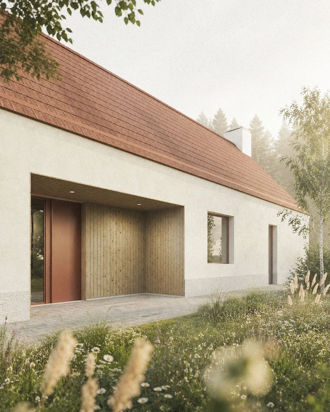 Modern house with a sloped red roof, white walls, and a wooden porch surrounded by greenery and flowers.