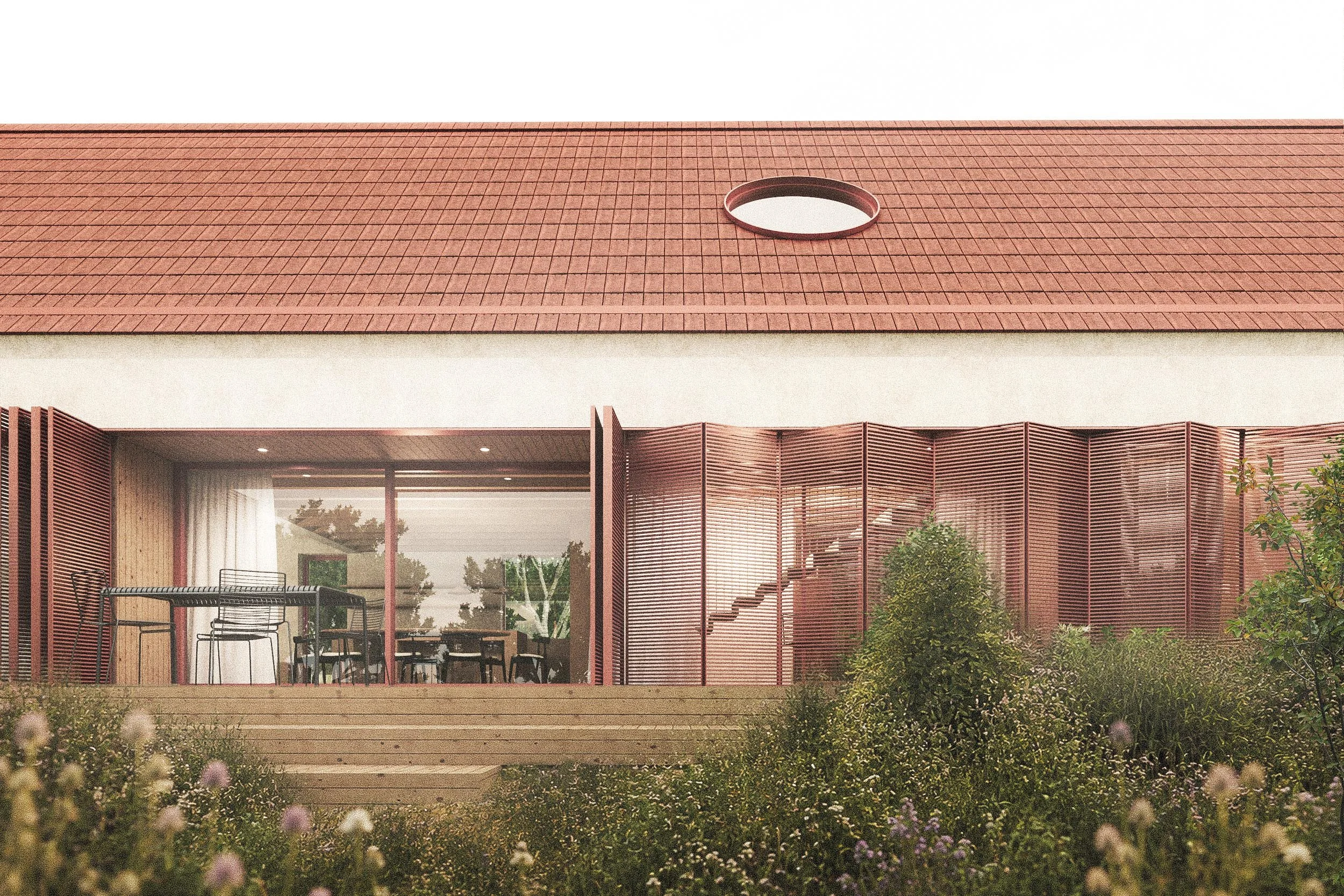 Modern house with large windows and a slanted roof covered in reddish-brown tiles, surrounded by garden with plants and flowers, viewed from the front yard.