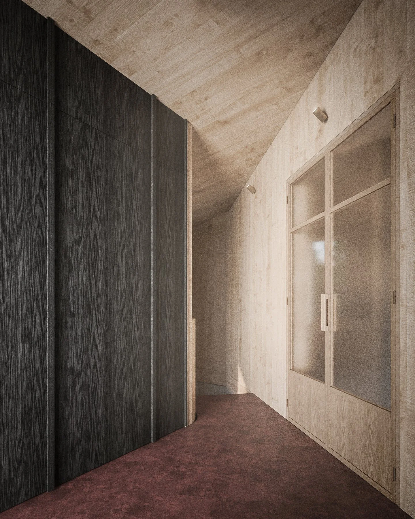 Interior hallway with beige wood walls and ceiling, black wooden panels on the left, and a large glass window on the right, with a brown carpeted floor and minimal lighting.