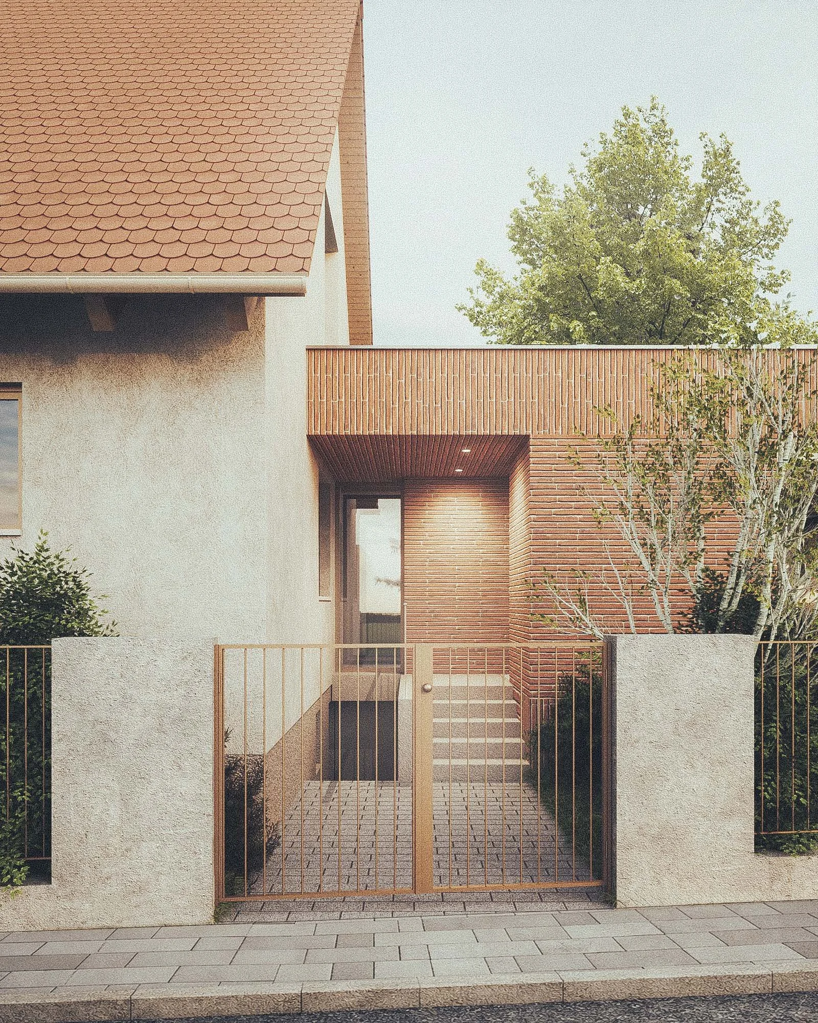 Modern house exterior with a combination of light-colored stucco and red brick walls, a tiled roof, a wooden gate, and surrounding greenery including a tree and bushes.