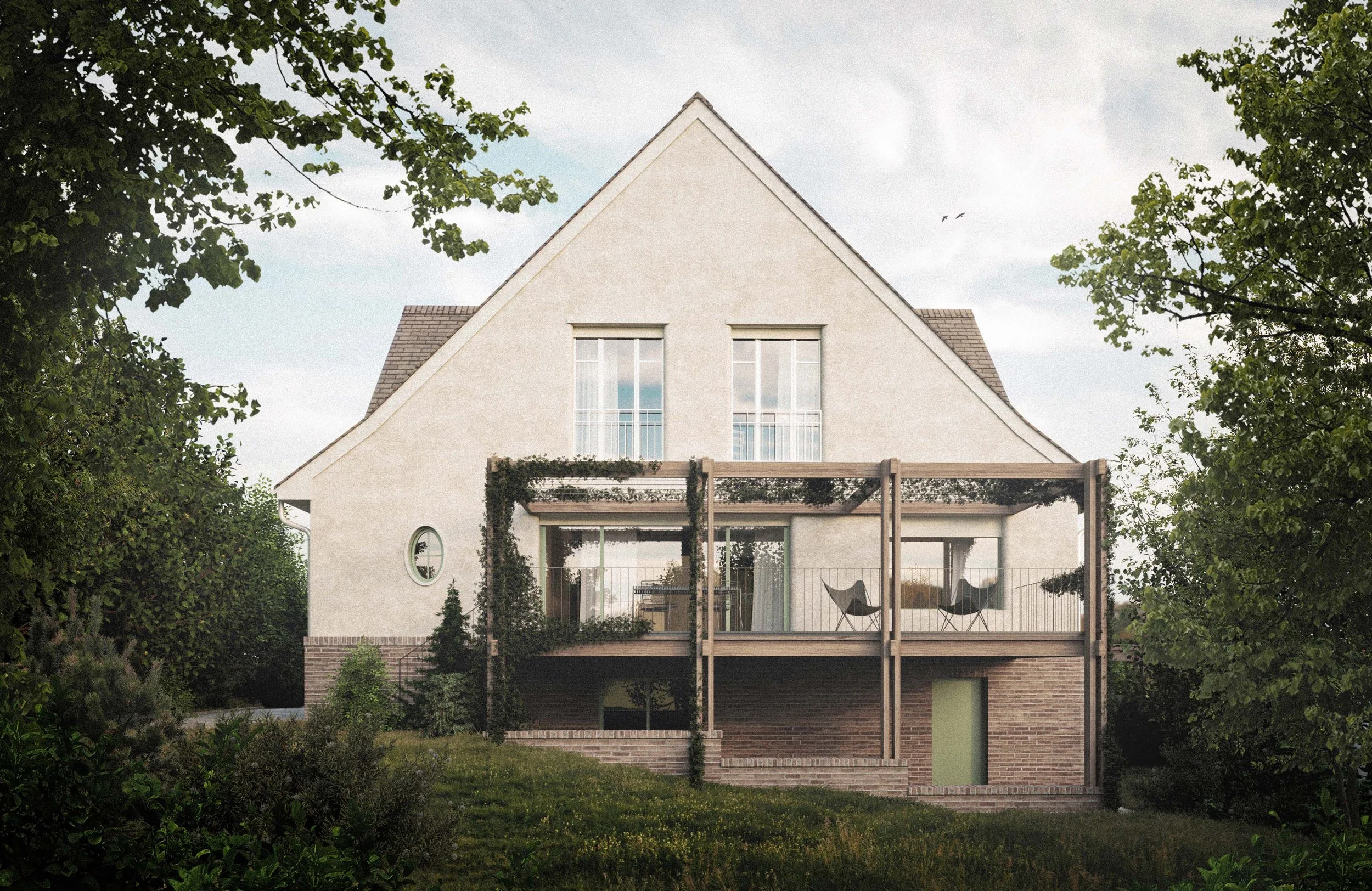 A modern house with a triangular roof, large windows, a balcony, and an outdoor patio with chairs, surrounded by lush greenery and trees.