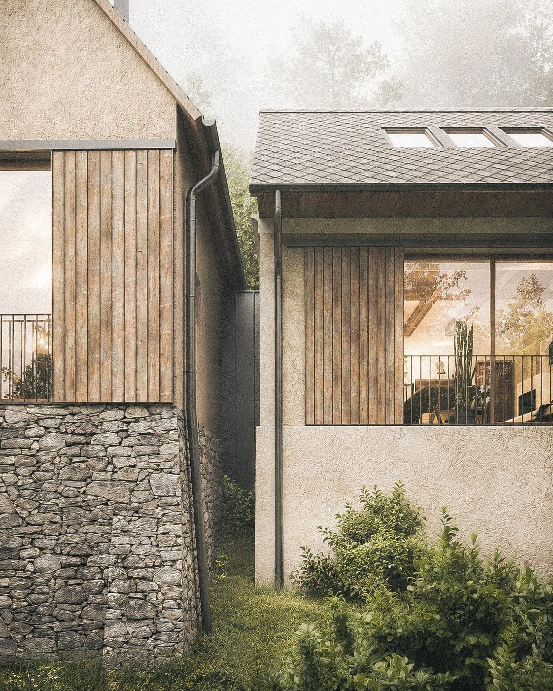 Two modern houses with wooden and stone exteriors and large windows, surrounded by greenery and trees, with a cloudy sky overhead.