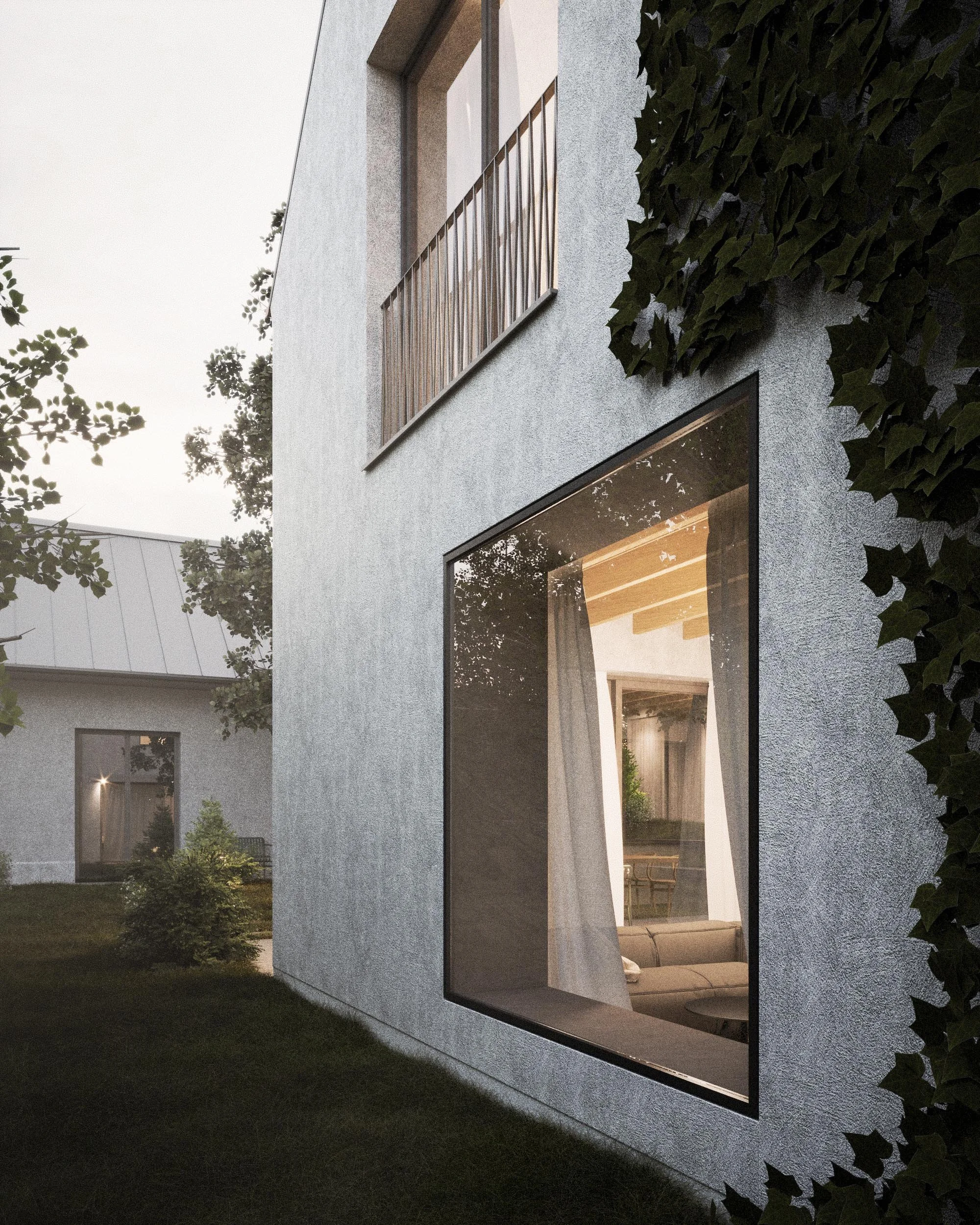 Modern house exterior at dusk with large glass windows, a small balcony with wooden railing, and green ivy on the wall.