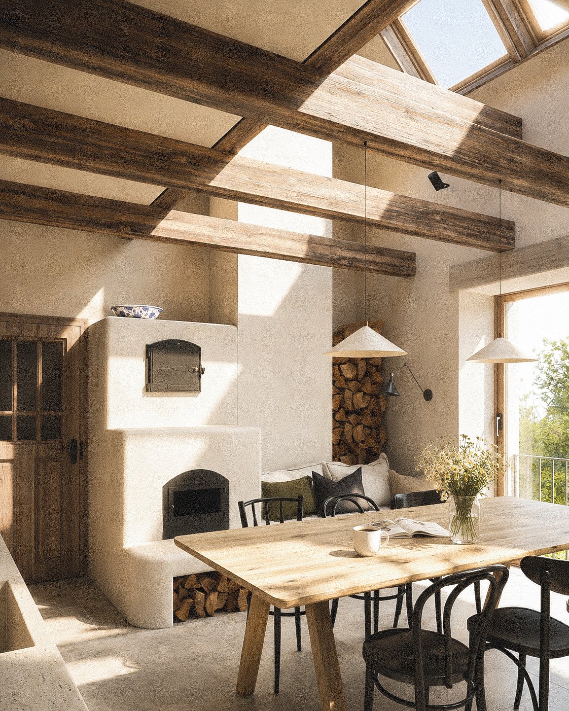 Sunlit dining area with a wooden table, black chairs, a vase of flowers, and a bookshelf with stacked firewood in the background. Wooden beams on the ceiling and large windows letting in natural light.