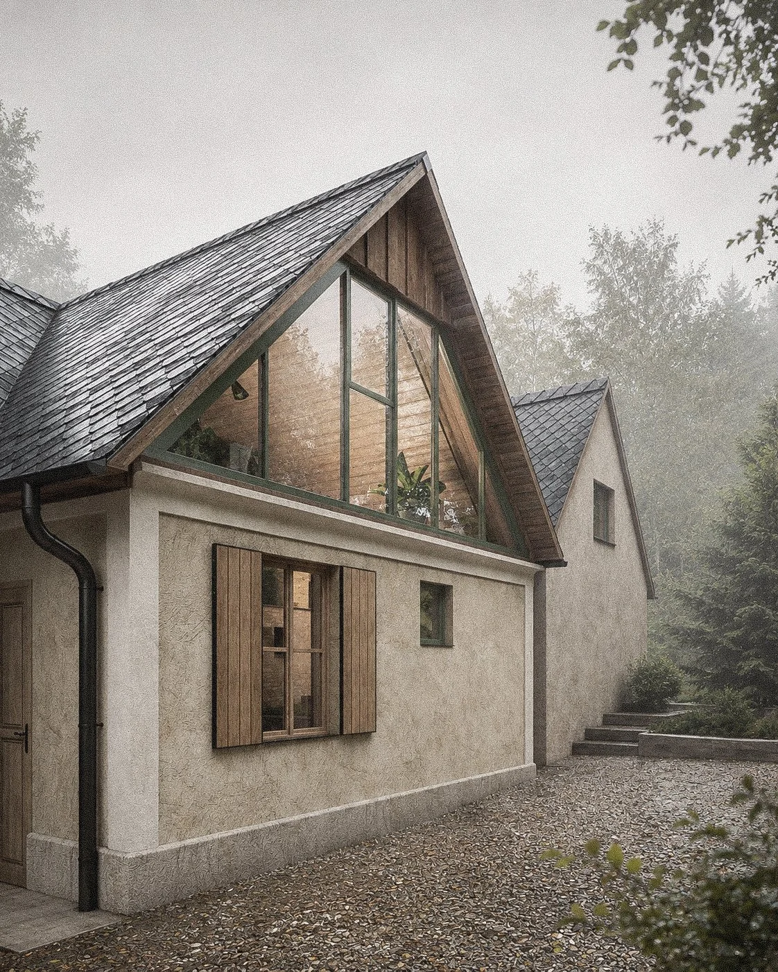 A modern house with a sloped roof and wooden shutters, surrounded by trees and a gravel pathway, in a foggy setting.