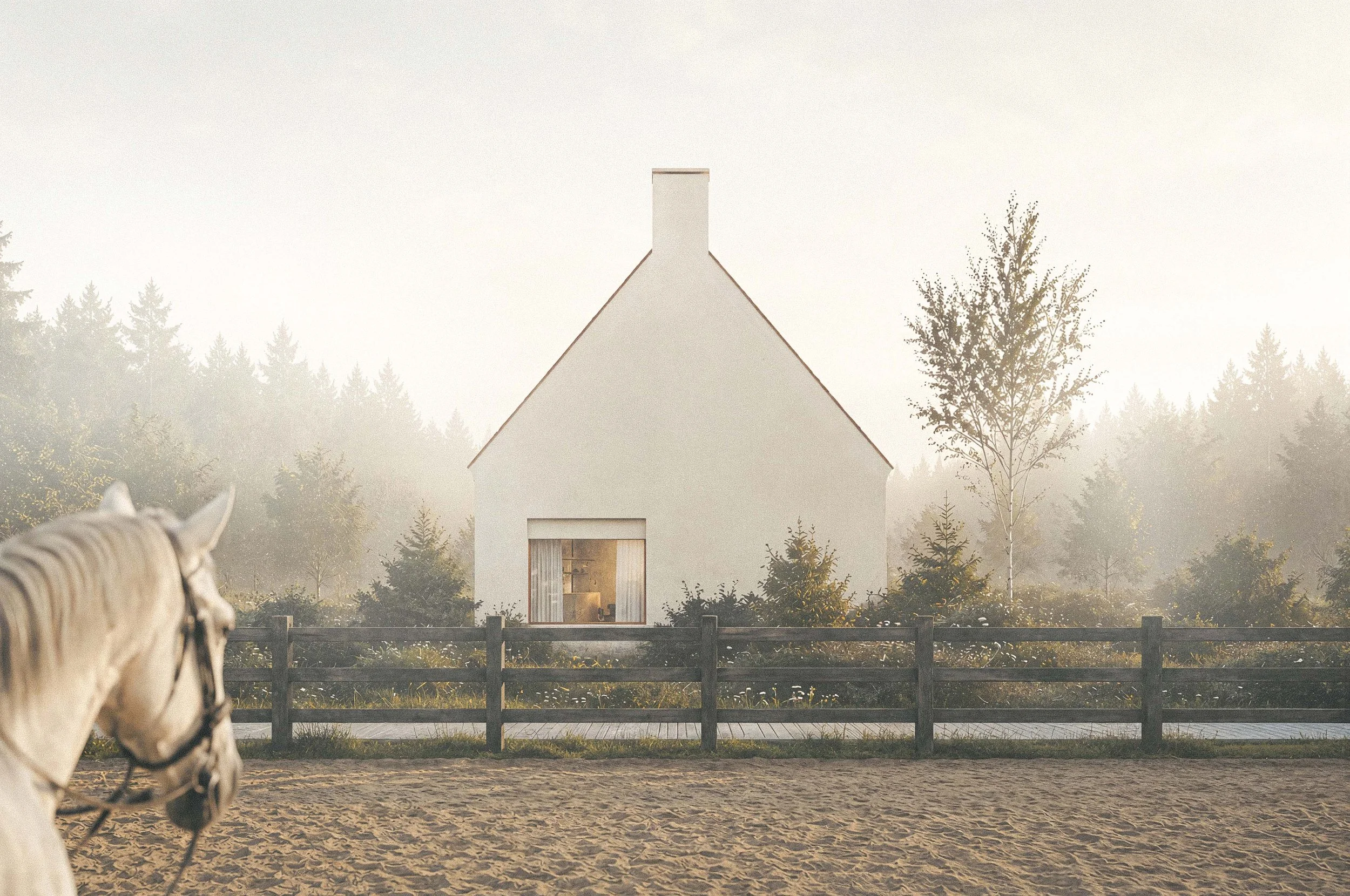 A white barn with a steep roof and a chimney, set in a rural area with trees in the background and a wooden fence in the foreground. A horse with a saddle is visible on the left side of the image.