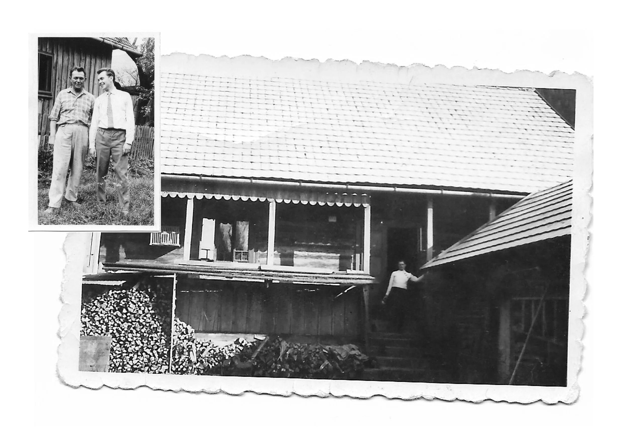 Black and white photograph of a house with a porch, a pile of chopped wood, and a child standing nearby.