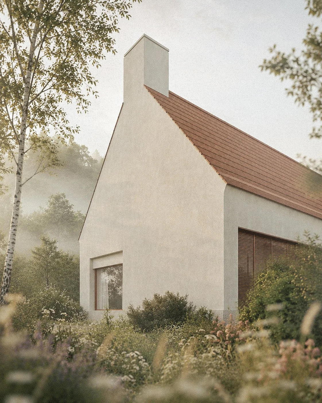 A white house with a red roof, surrounded by trees and plants, foggy atmosphere.