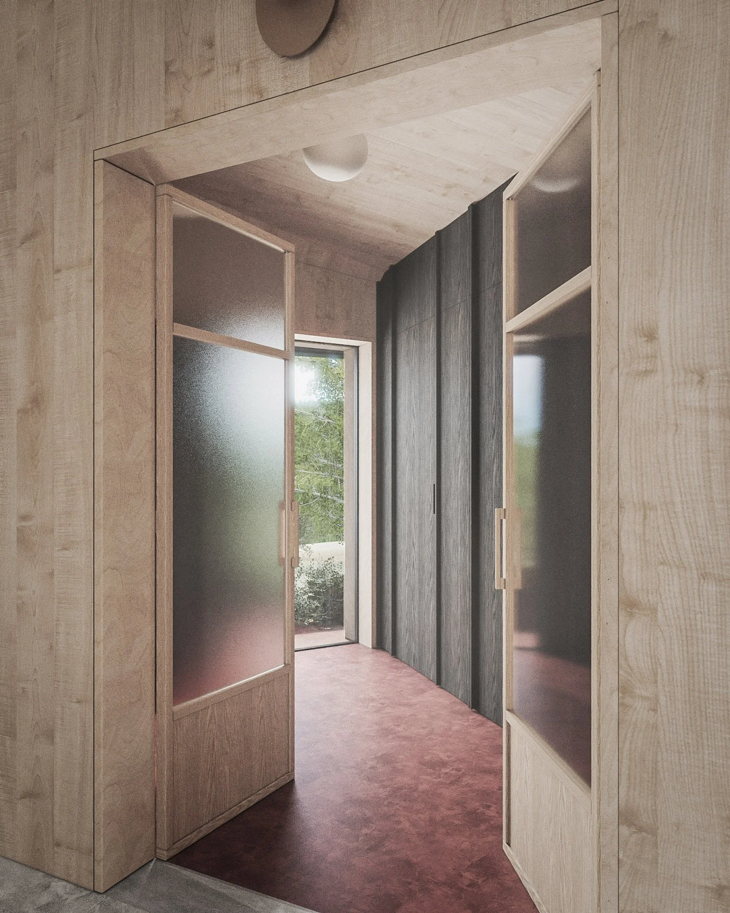 Interior view of a modern building with wooden walls and ceiling, featuring a doorway leading to a room with frosted glass and a window showing greenery outside.