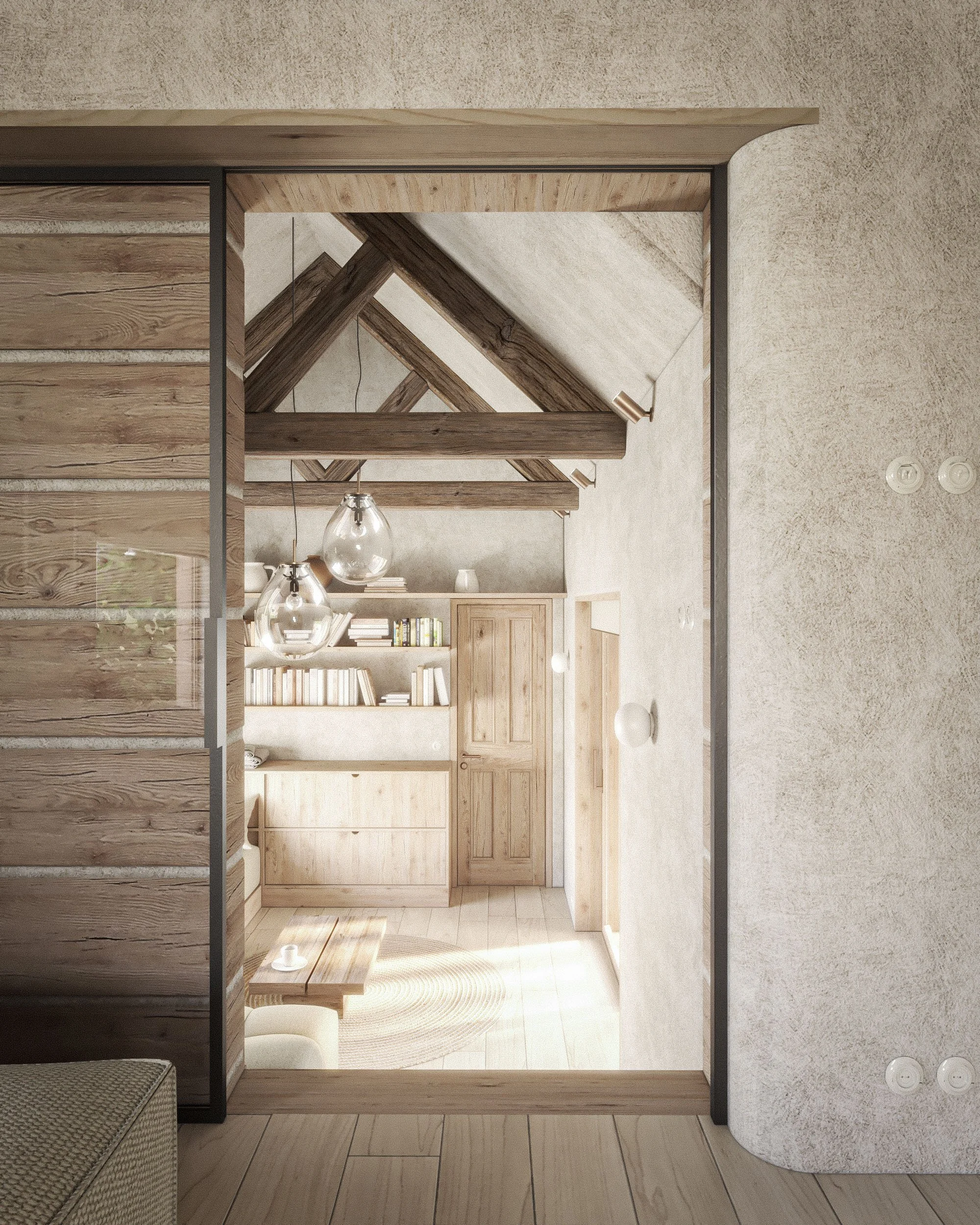 Interior view of a room with wooden beams, a beige textured wall, a bookshelf filled with books, and pendant lights, seen through a large mirror framed with wood and metal.