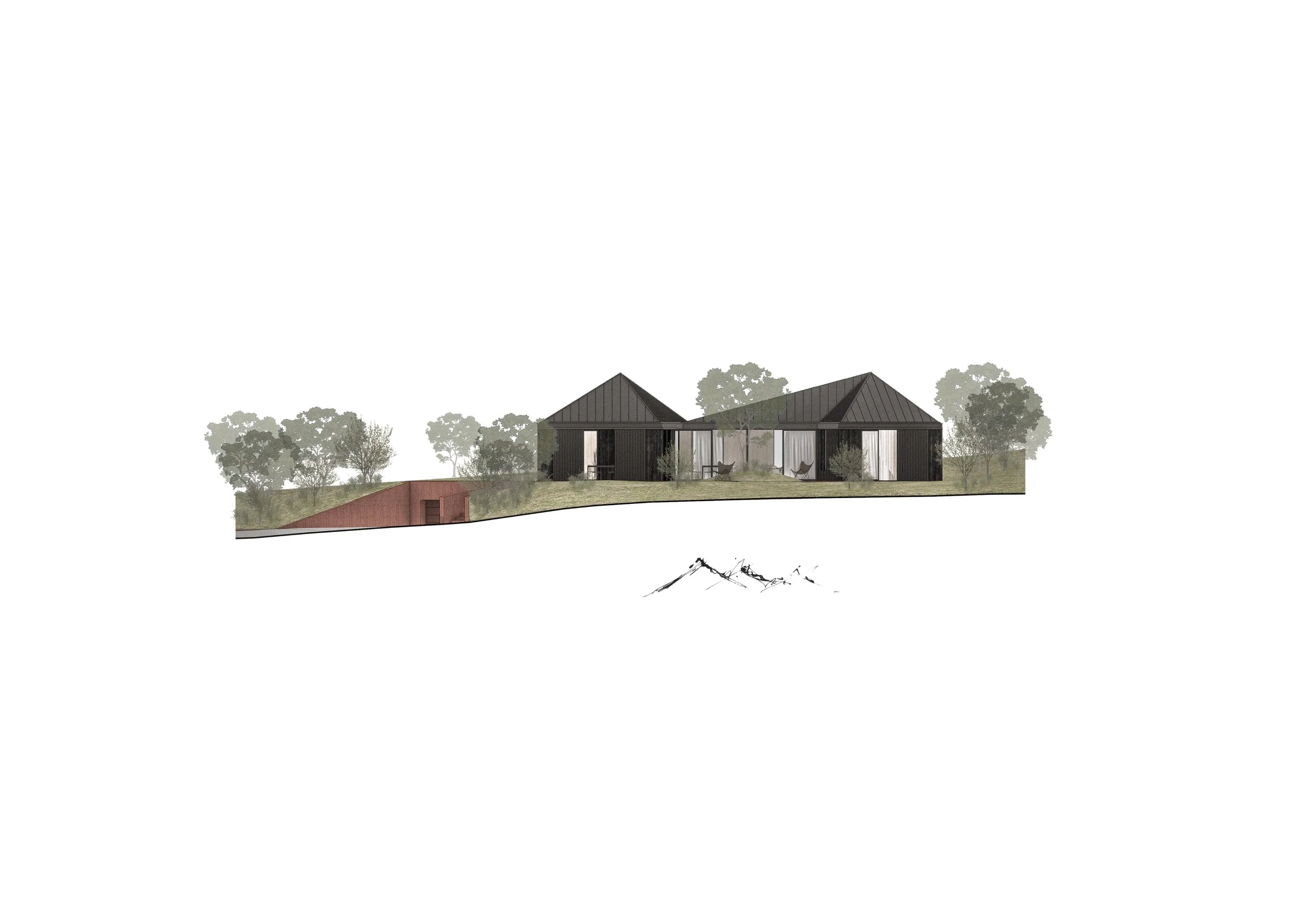 A modern house with a black exterior and large glass windows, located on a sloped hill with trees in the background.