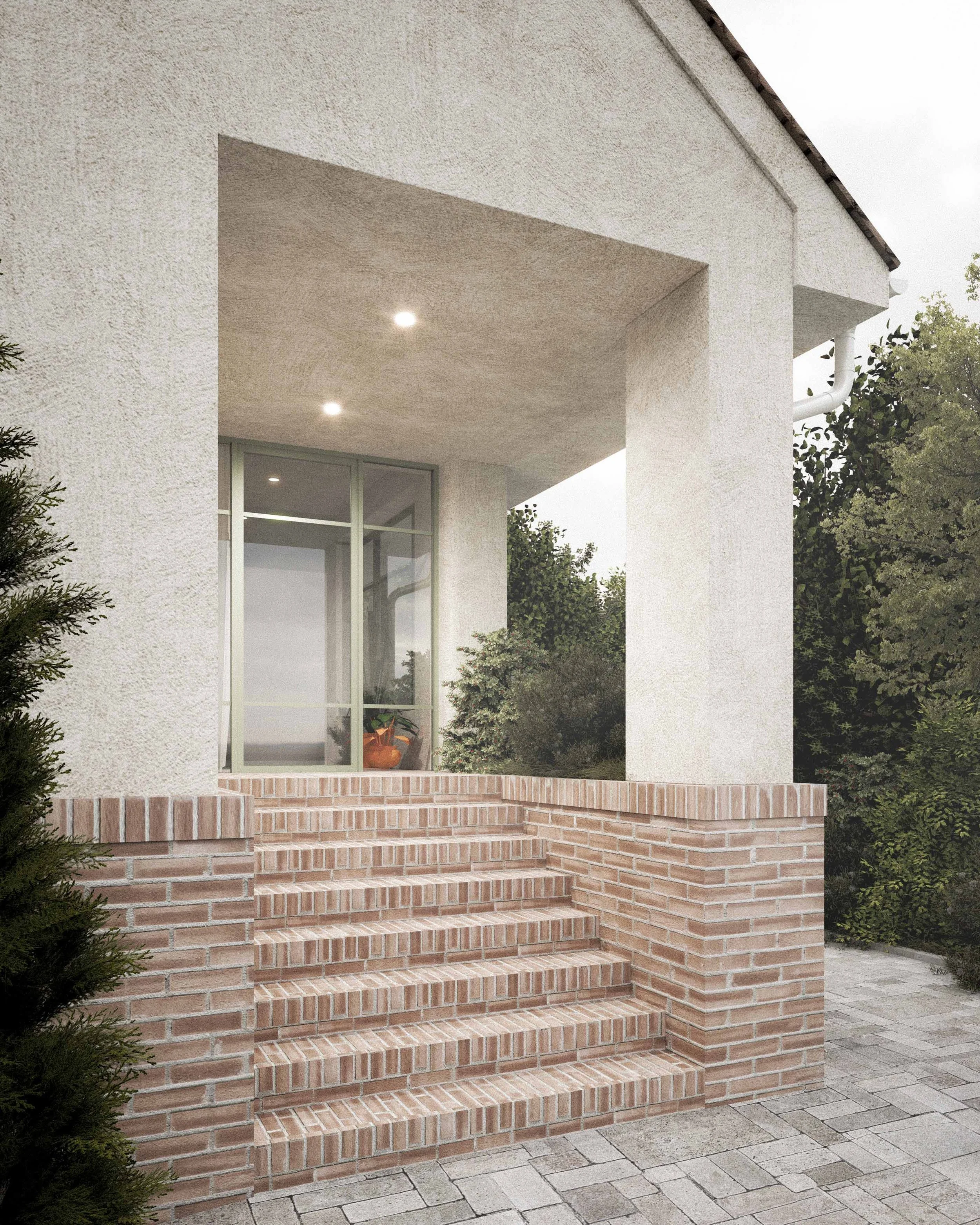 Exterior view of a house with brick steps leading up to a screened porch with a glass door, surrounded by greenery and trees.